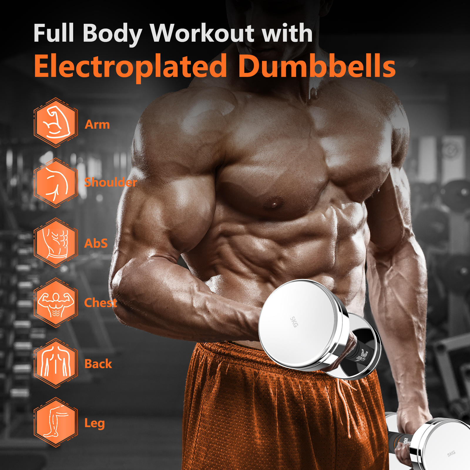 Męczyzna z mięśniami na siłowni podnosi hantlę 5 kg, ćwicząc ramiona, barki, brzuch, klatkę piersiową, plecy i nogi.