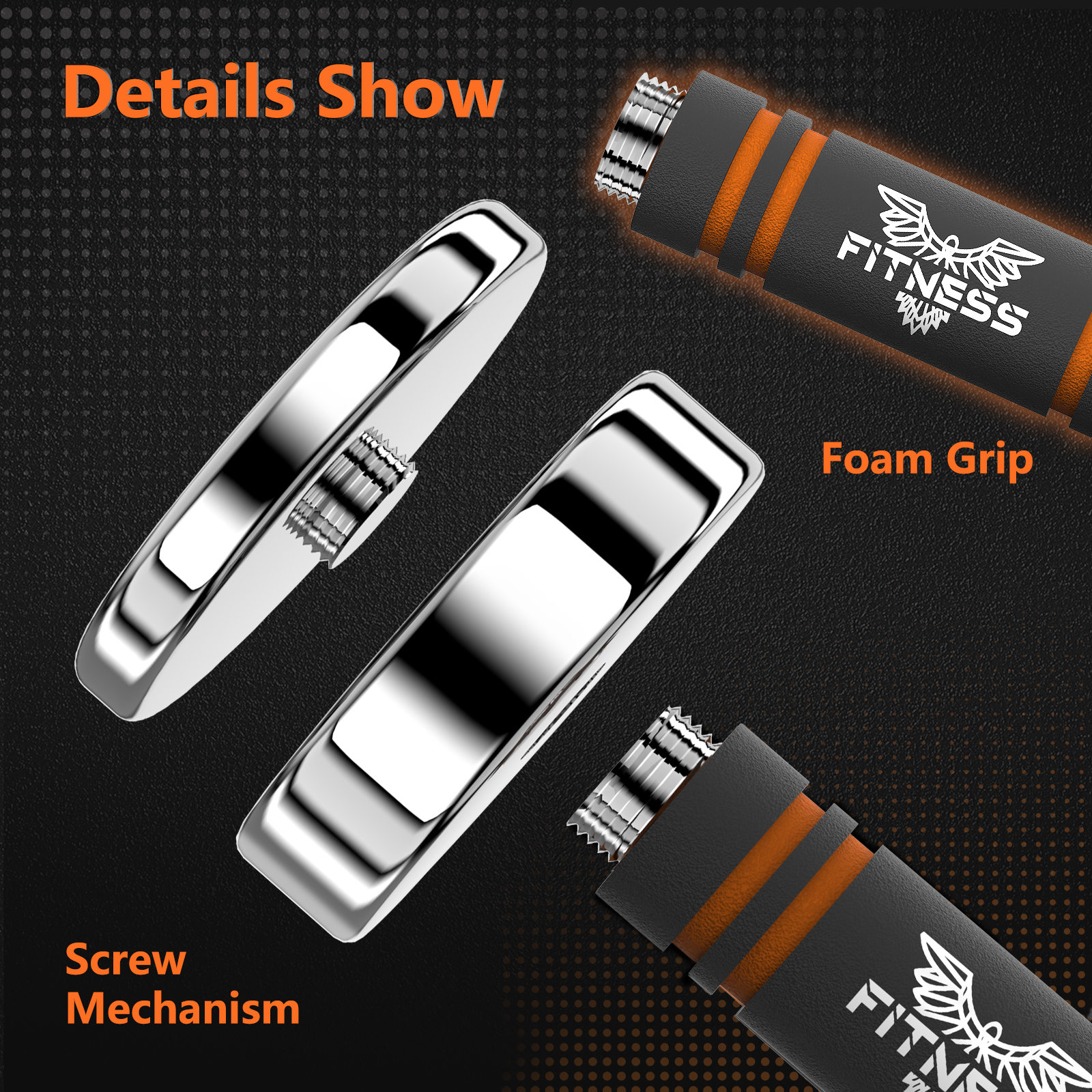 Zbliżenie na chromowane ciężarki i czarne uchwyty piankowe z pomarańczowymi akcentami.