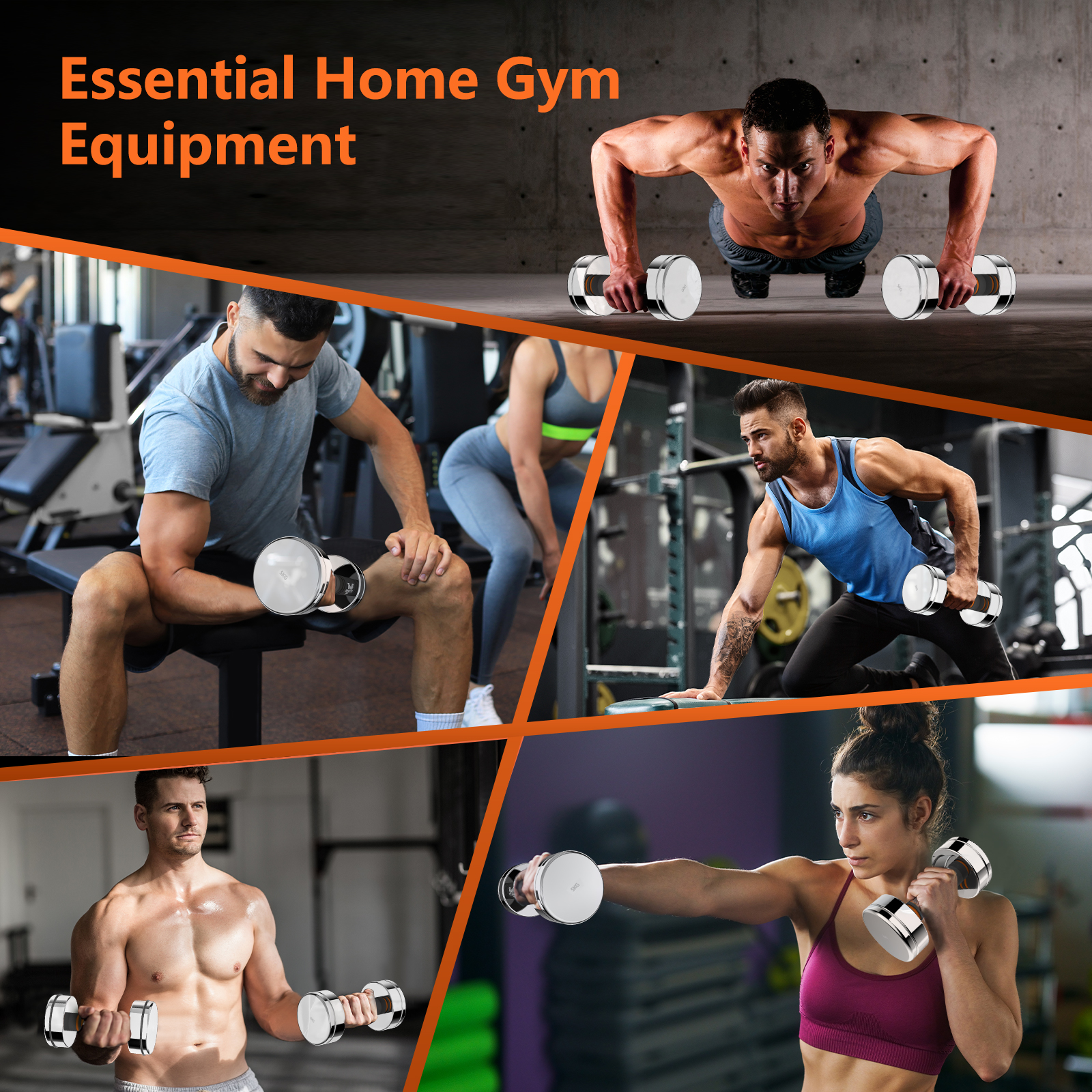 Kolaż przedstawia ludzi ćwiczących z hantlami w siłowni.