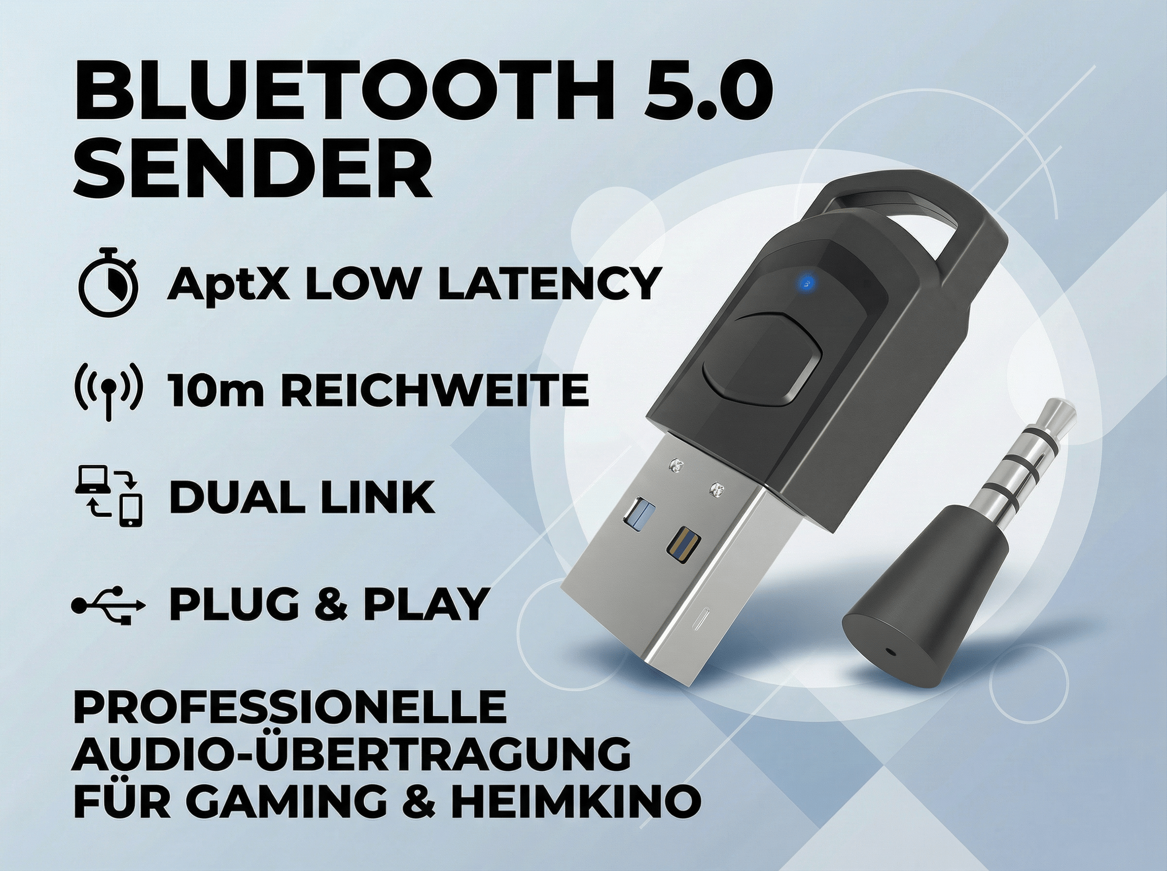 Ein schwarzer Bluetooth 5.0 Sender mit USB-Anschluss und 3,5-mm-Klinkenstecker.