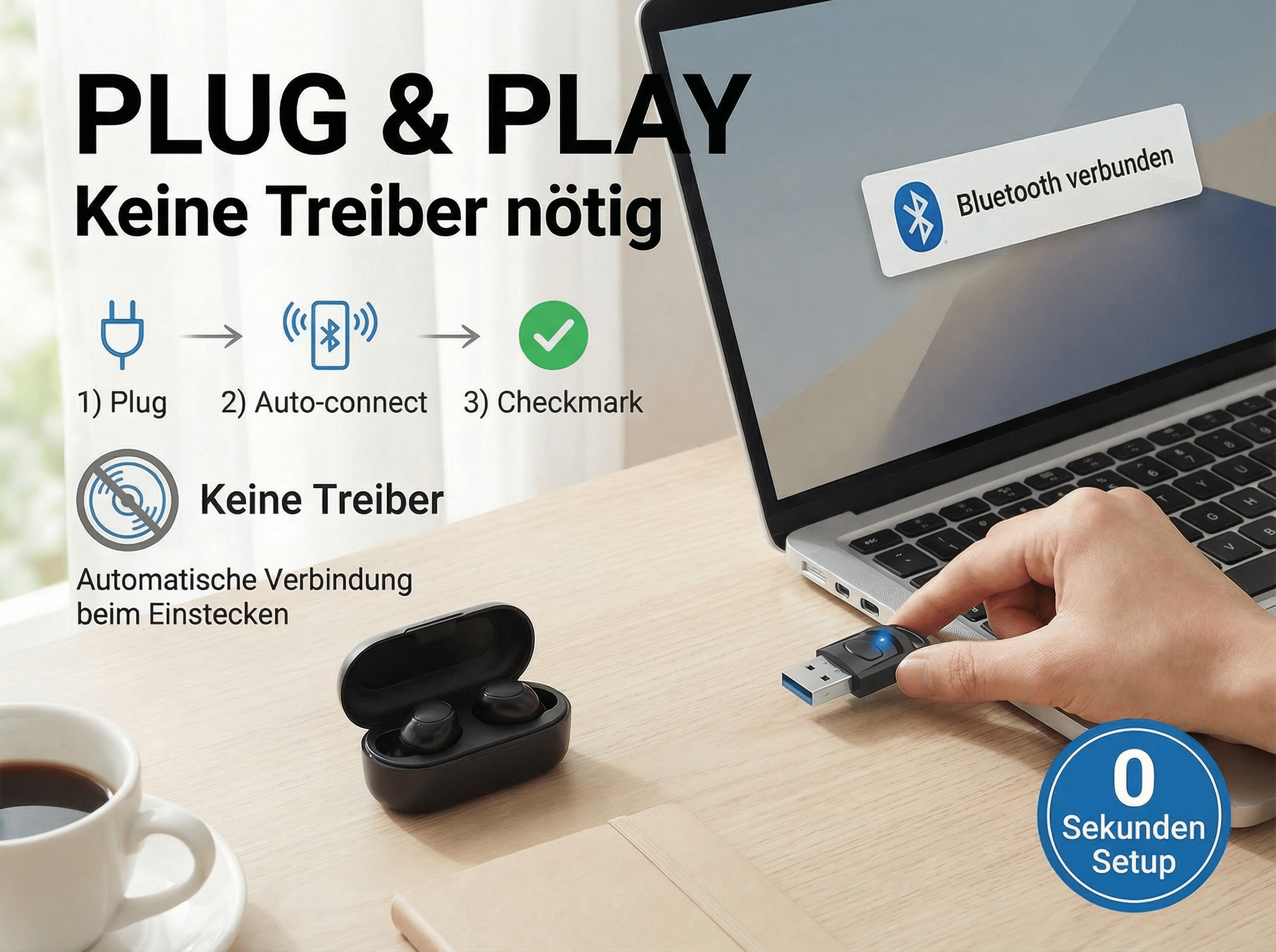 Ein USB-Bluetooth-Adapter wird in einen Laptop gesteckt. Ohrhörer sind daneben.