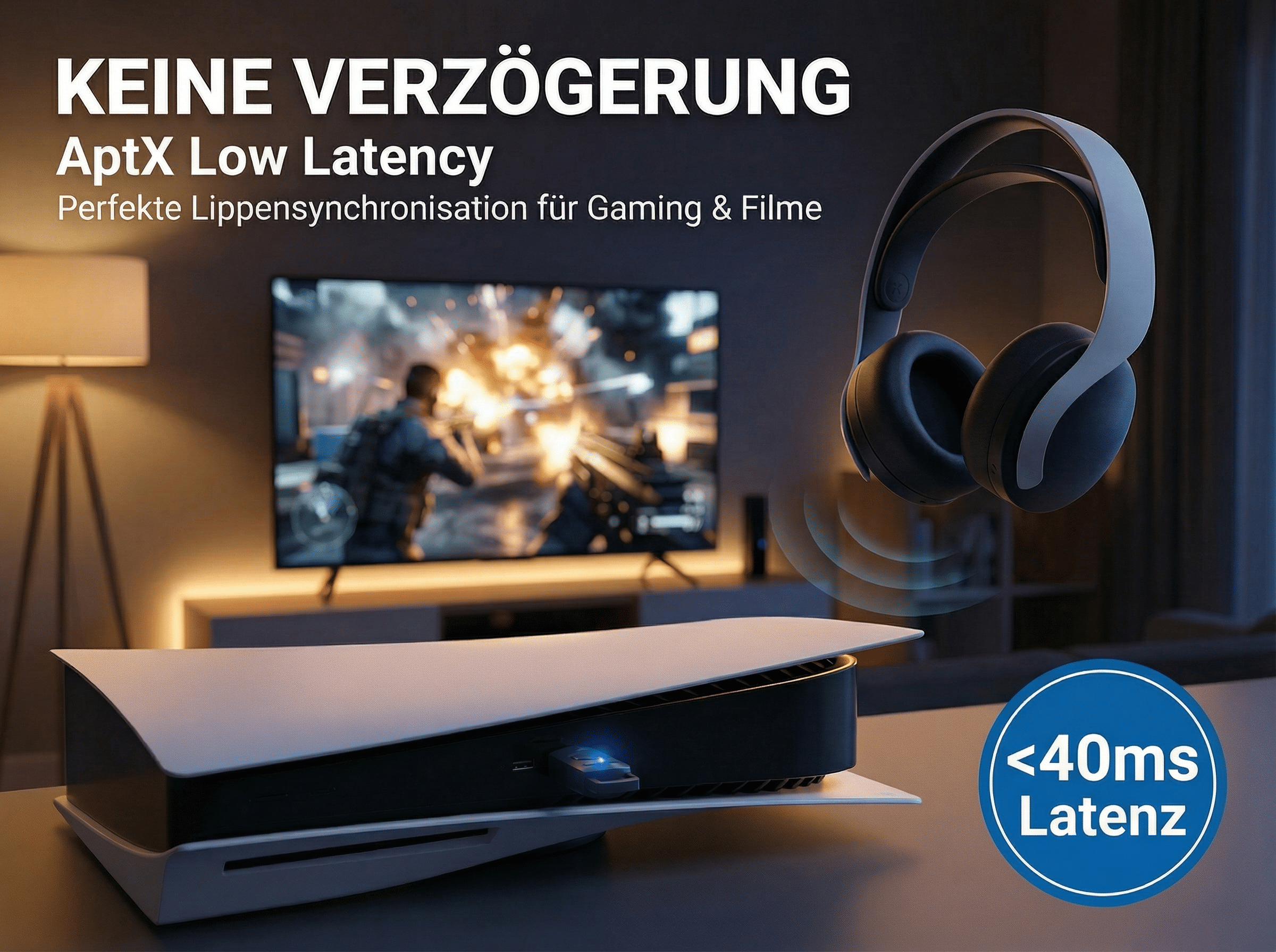Kopfhörer und Spielekonsole mit Fernseher im Hintergrund. Text: KEINE VERZÖGERUNG.
