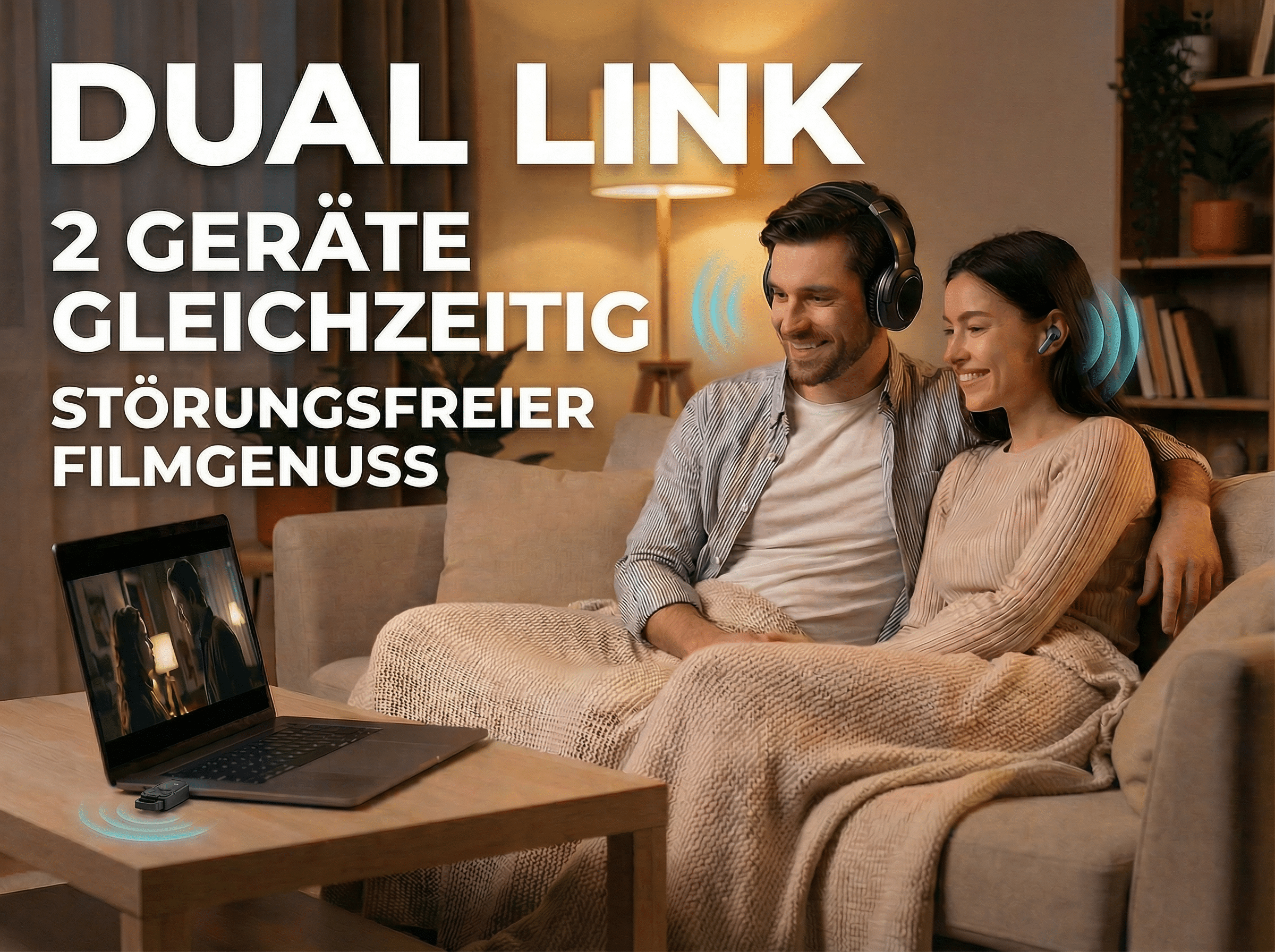 Mann und Frau hören Musik mit Kopfhörern, eine Laptoptastatur ist sichtbar.