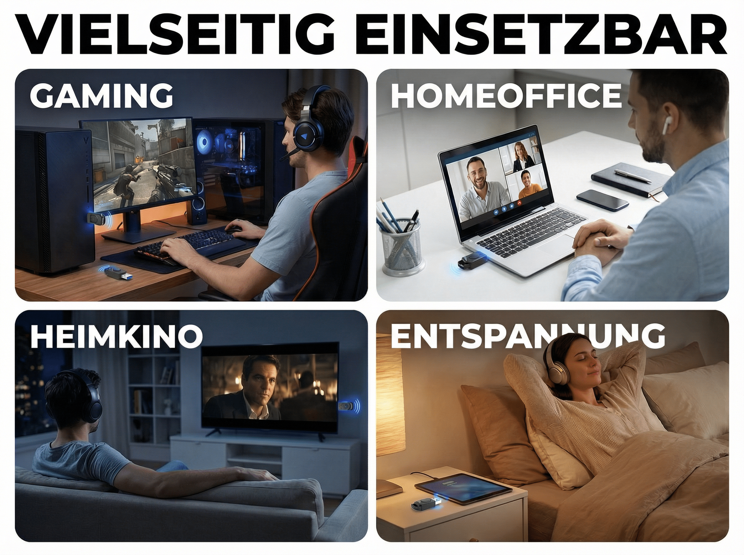 Vier Szenen zeigen Nutzung: Gaming, Homeoffice, Heimkino, Entspannung.
