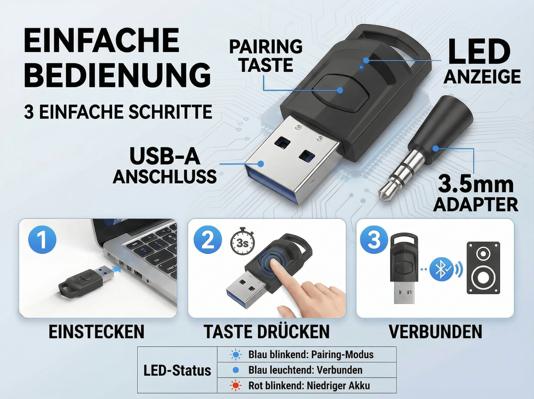 Anleitung für einen USB-Bluetooth-Adapter: Einstecken, Taste drücken, verbinden.