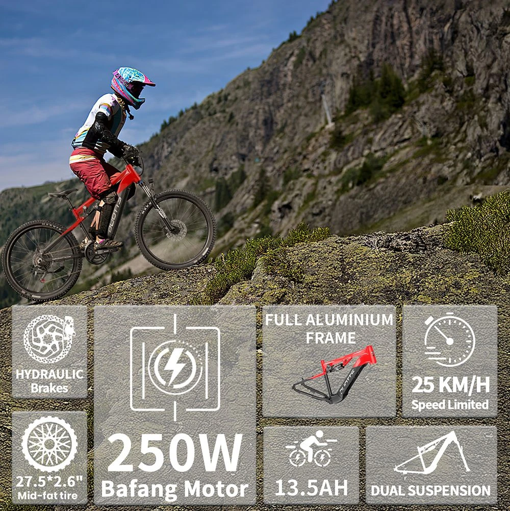 Una persona monta una bicicleta eléctrica roja en un sendero rocoso de montaña. Se ven detalles.