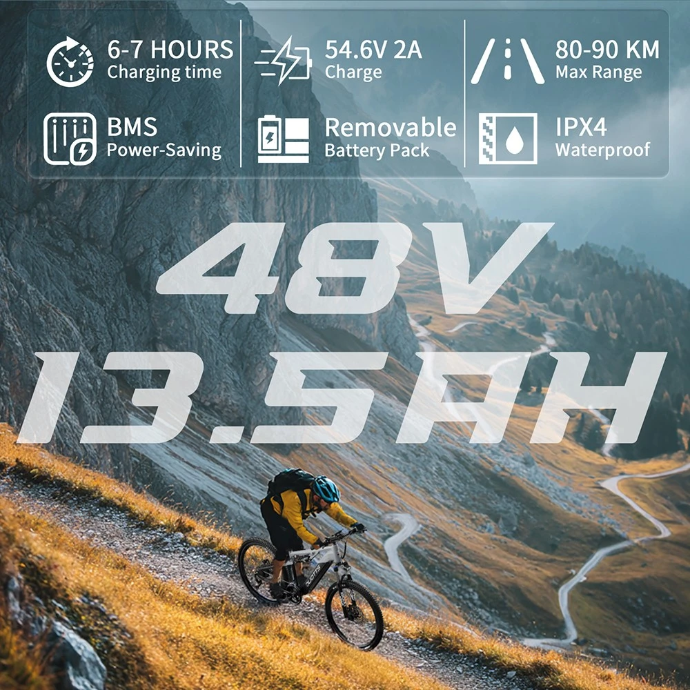 Un ciclista desciende por un camino de tierra, con paisaje montañoso y texto sobre especificaciones de batería.