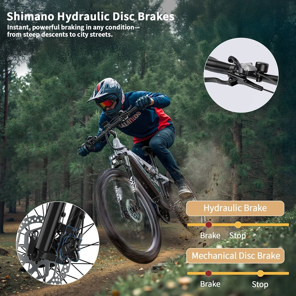 Ciclista de montaña con frenos de disco Shimano, sendero forestal, primer plano del freno.