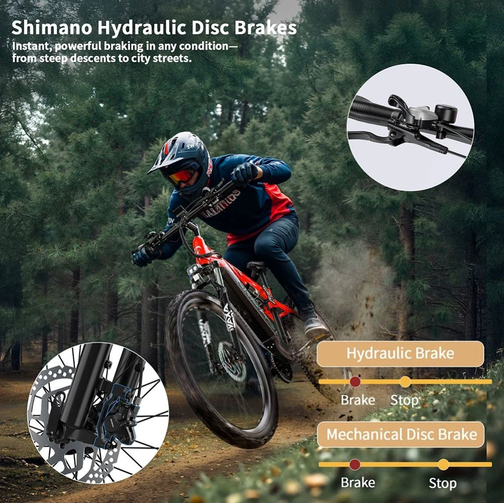Un ciclista desciende; primeros planos muestran frenos de disco hidráulicos y mecánicos.