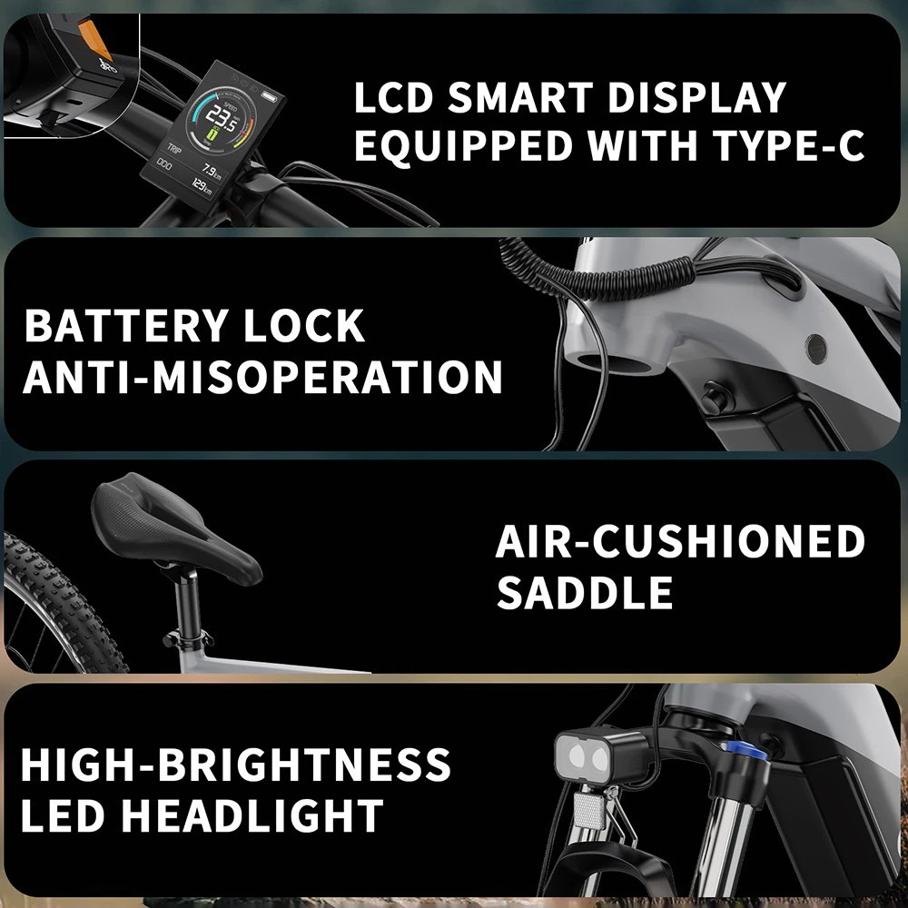 Características de e-bike: Pantalla LCD, bloqueo de batería, sillín con amortiguación de aire, faro LED.