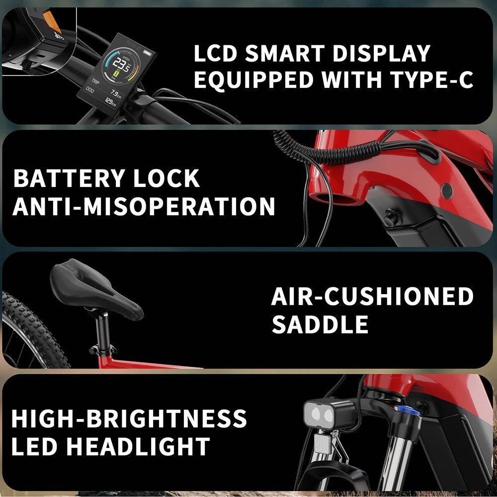 Características de e-bike: Pantalla LCD, bloqueo de batería, sillín acolchado, faro LED.