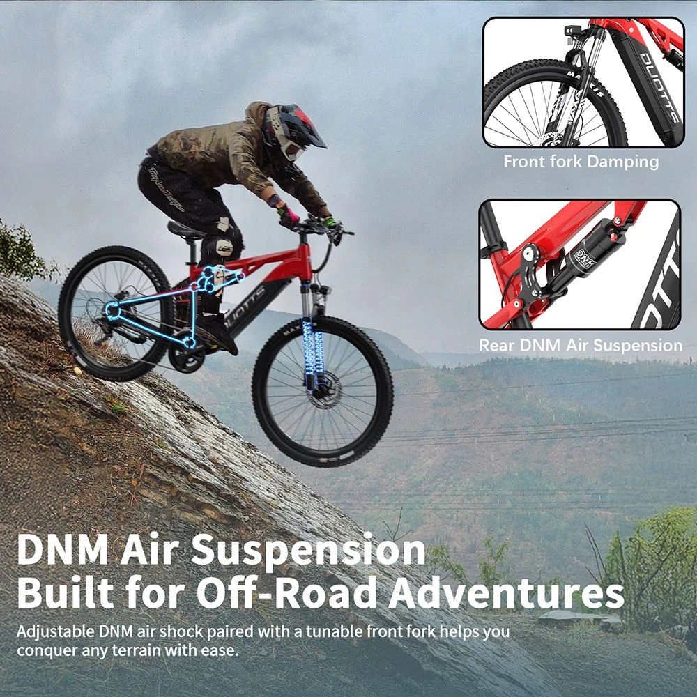 Ciclista en bicicleta de montaña roja con suspensión de aire DNM bajando.