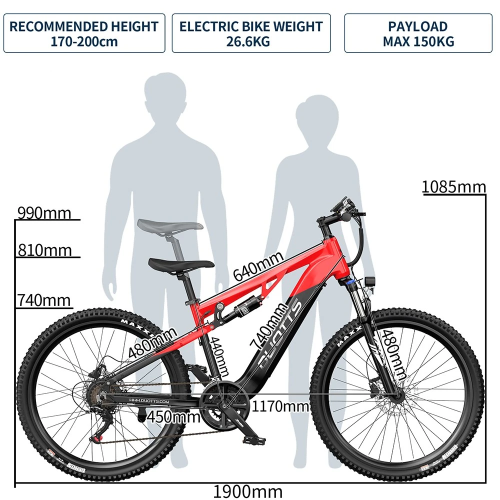 Bicicletta elettrica rossa con dimensioni e sagome umane accanto.
