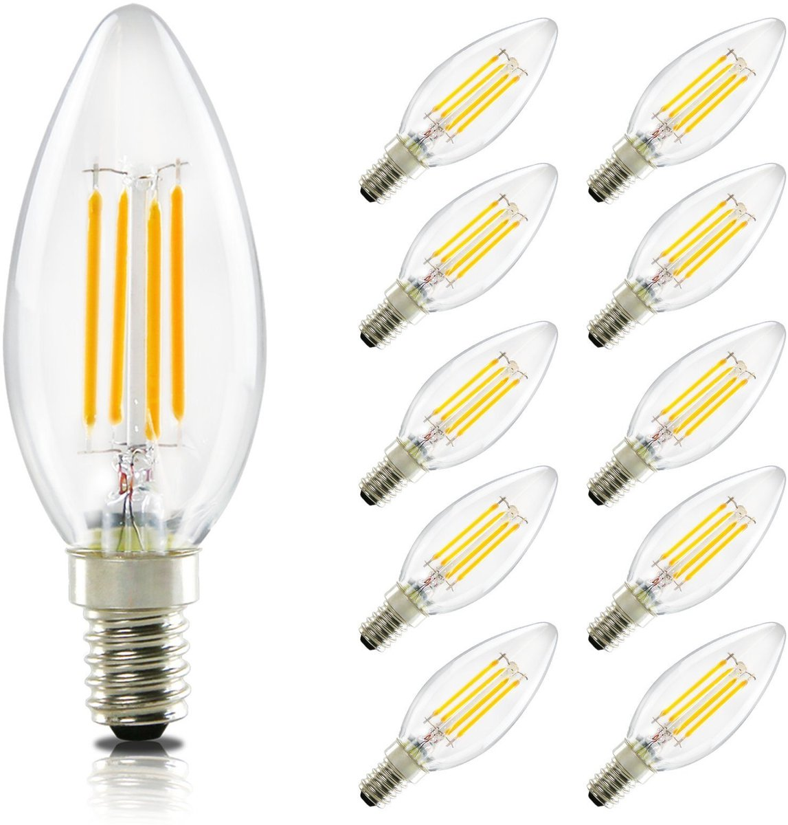 Una lampadina Edison in vetro trasparente con quattro filamenti gialli, accanto ad altre nove.