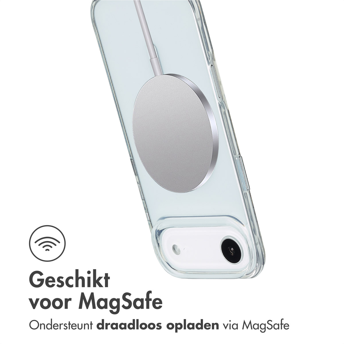 Una cover trasparente per telefono con caricatore MagSafe.