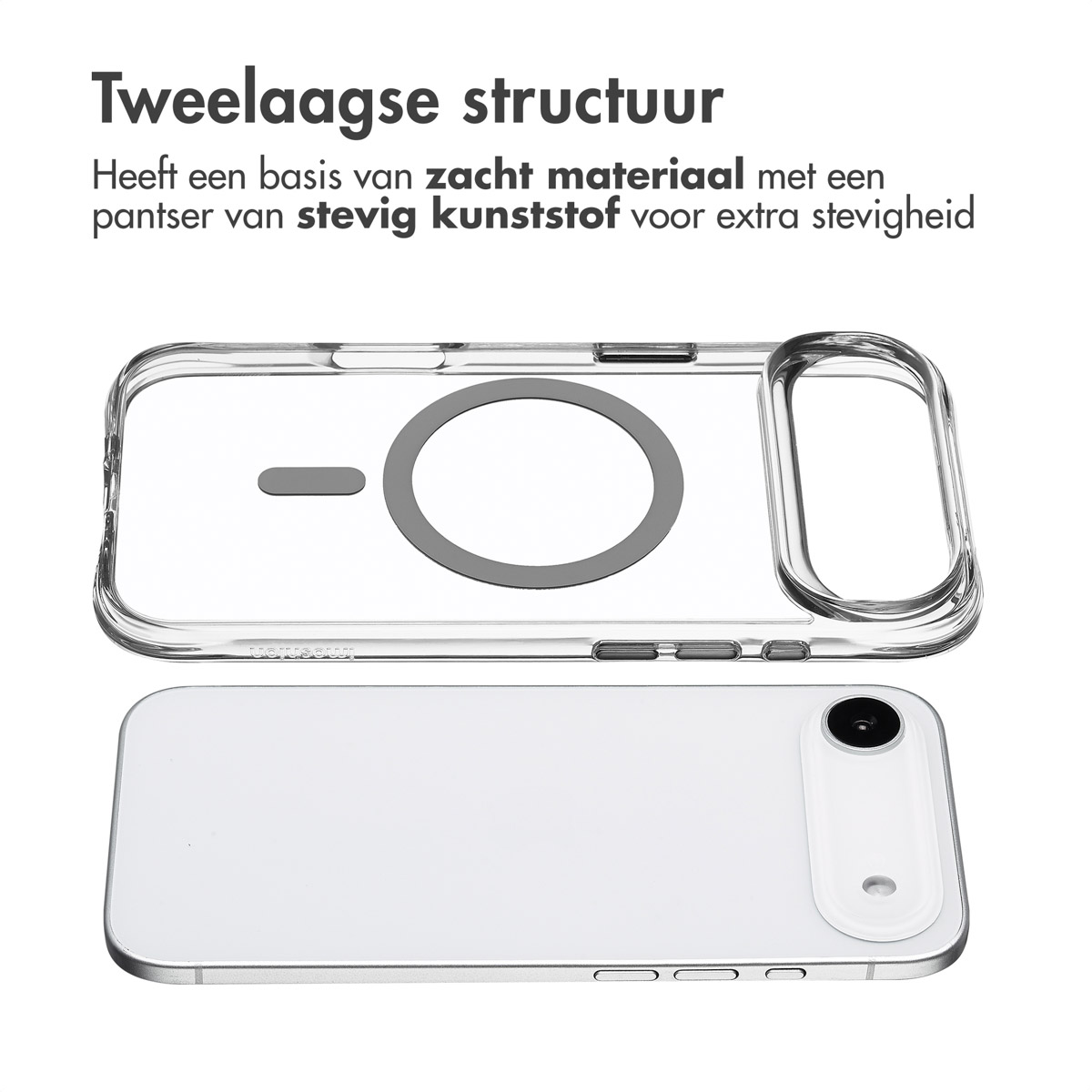 Custodia trasparente per telefono con anello magnetico e strato interno morbido.