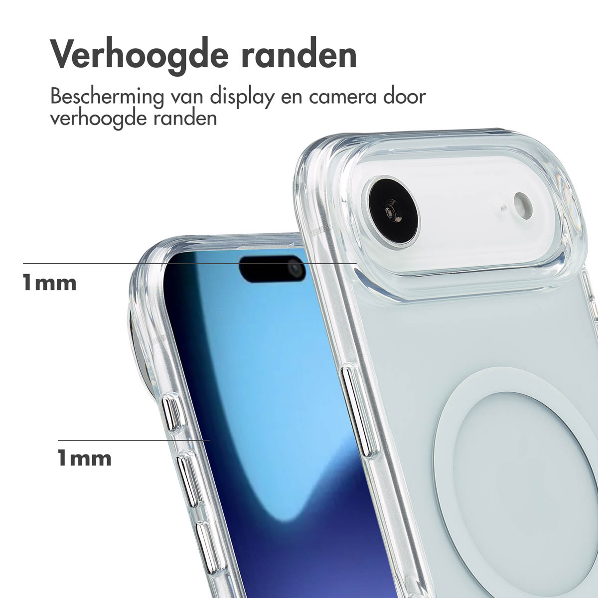 Custodia trasparente con bordi rialzati da 1 mm per schermo e fotocamera.