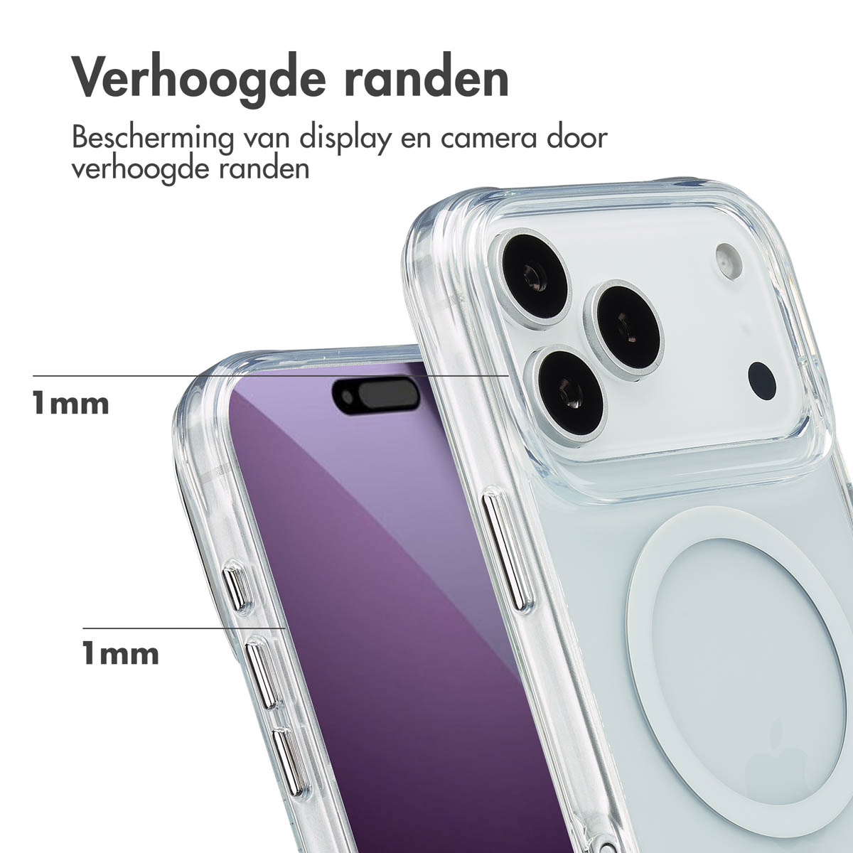 Transparente Hülle mit erhöhten Rändern für Display- und Kameraschutz.