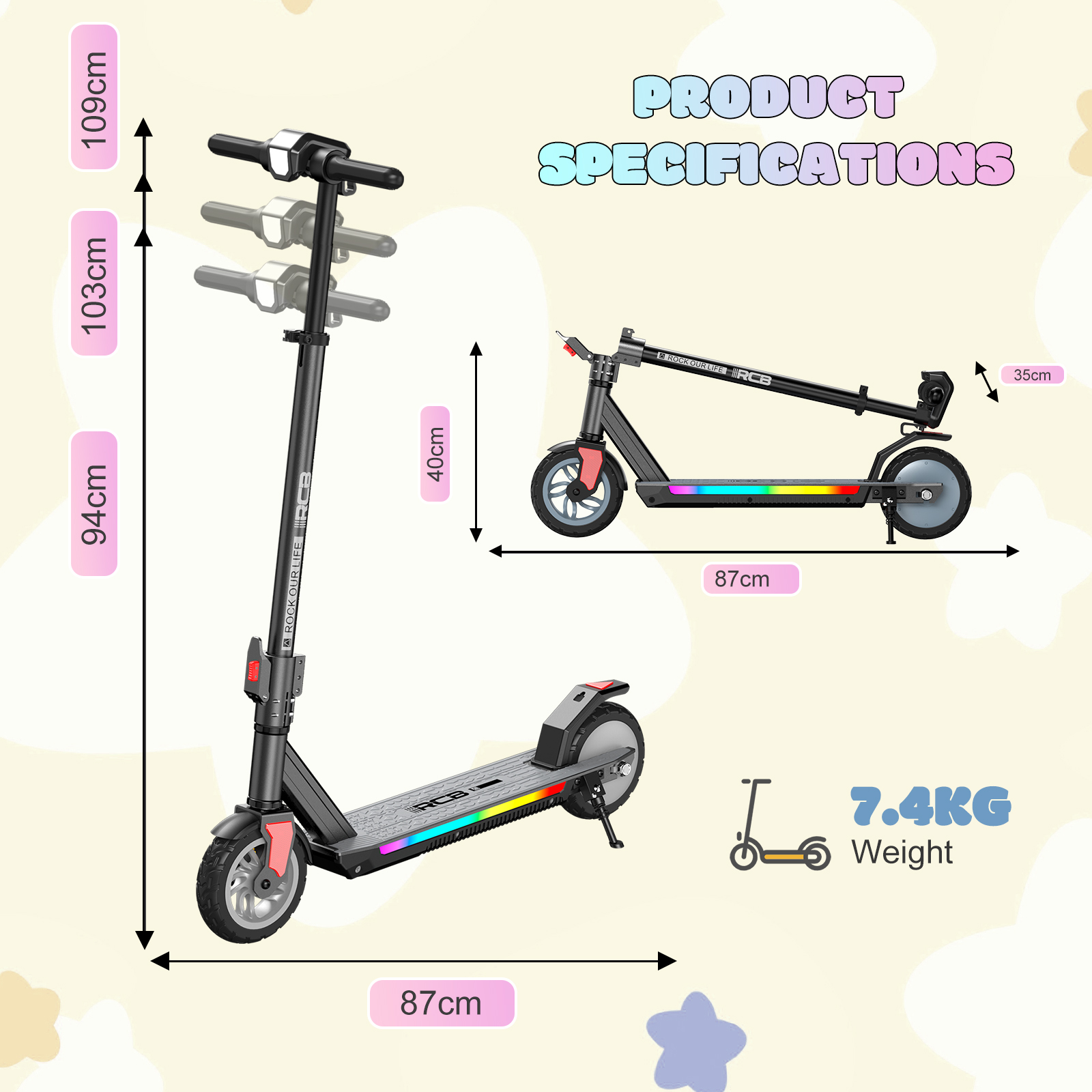Elektroroller mit Maßangaben: Höhe 109cm, 103cm, 94cm; Länge 87cm.