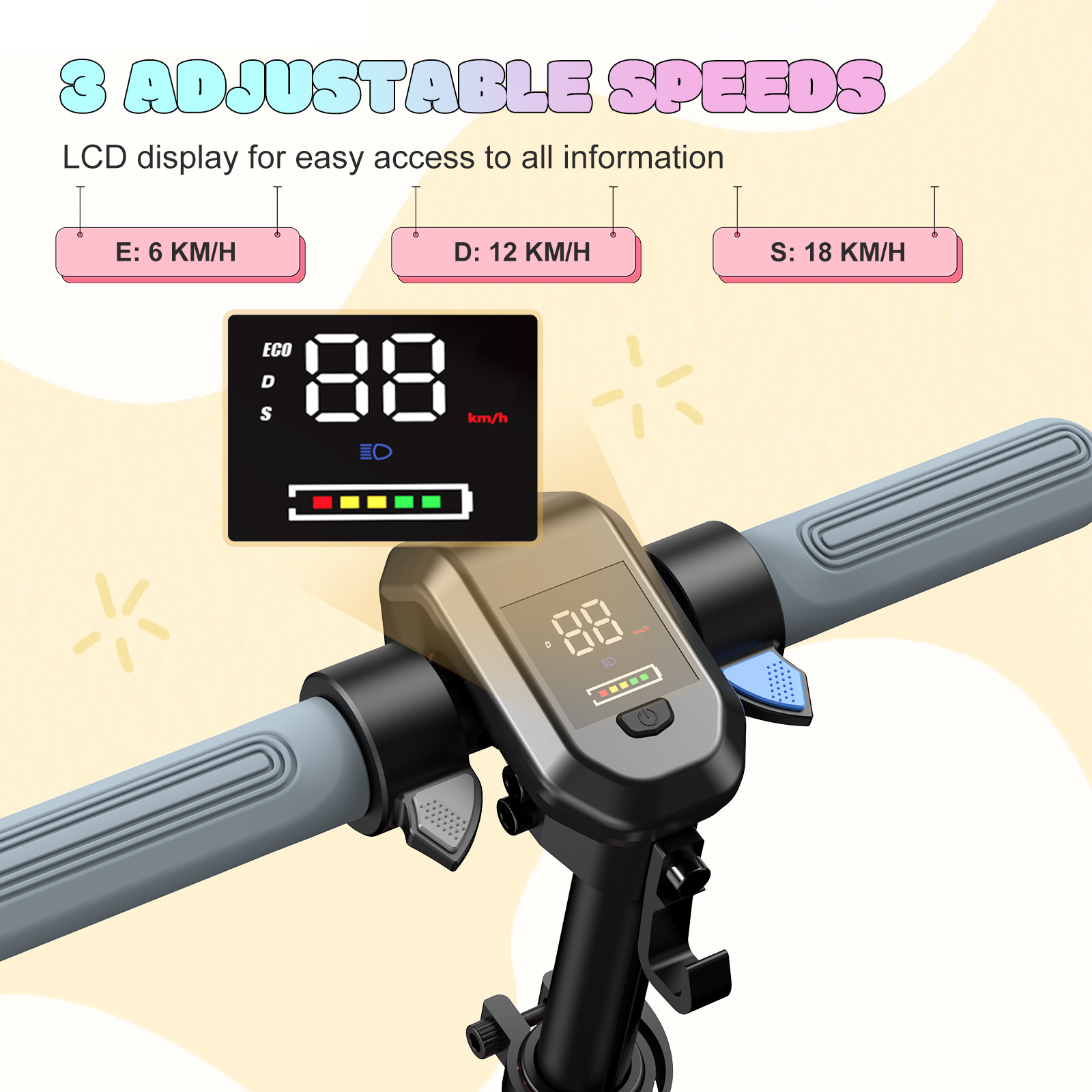 Elektroroller-Display zeigt 3 Geschwindigkeiten: 6, 12, 18 km/h.