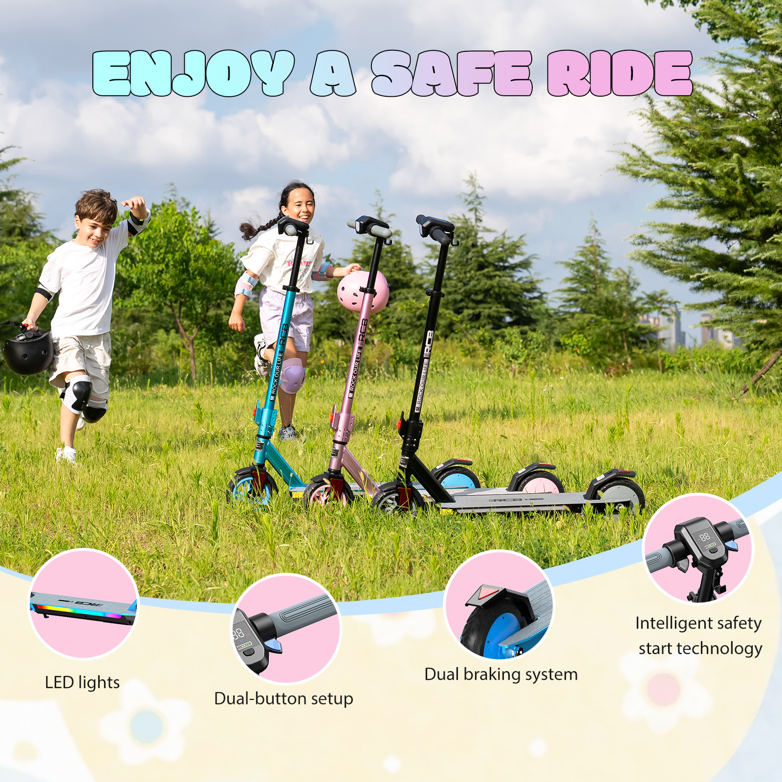 Kinder mit Rollern im Gras, Text "Genieße eine sichere Fahrt" über ihnen.