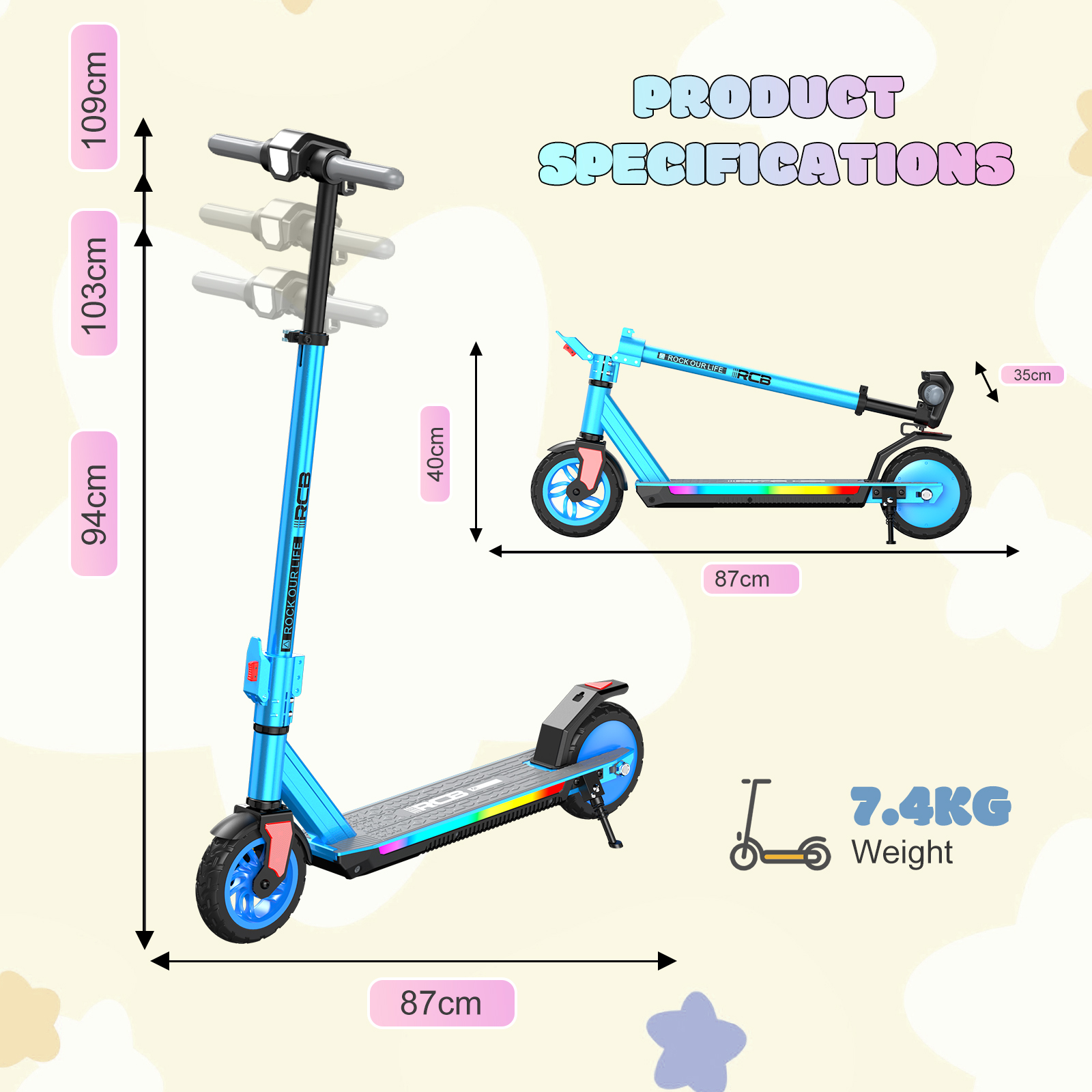 Blaue Roller-Spezifikationen mit Maßen und Gewicht.