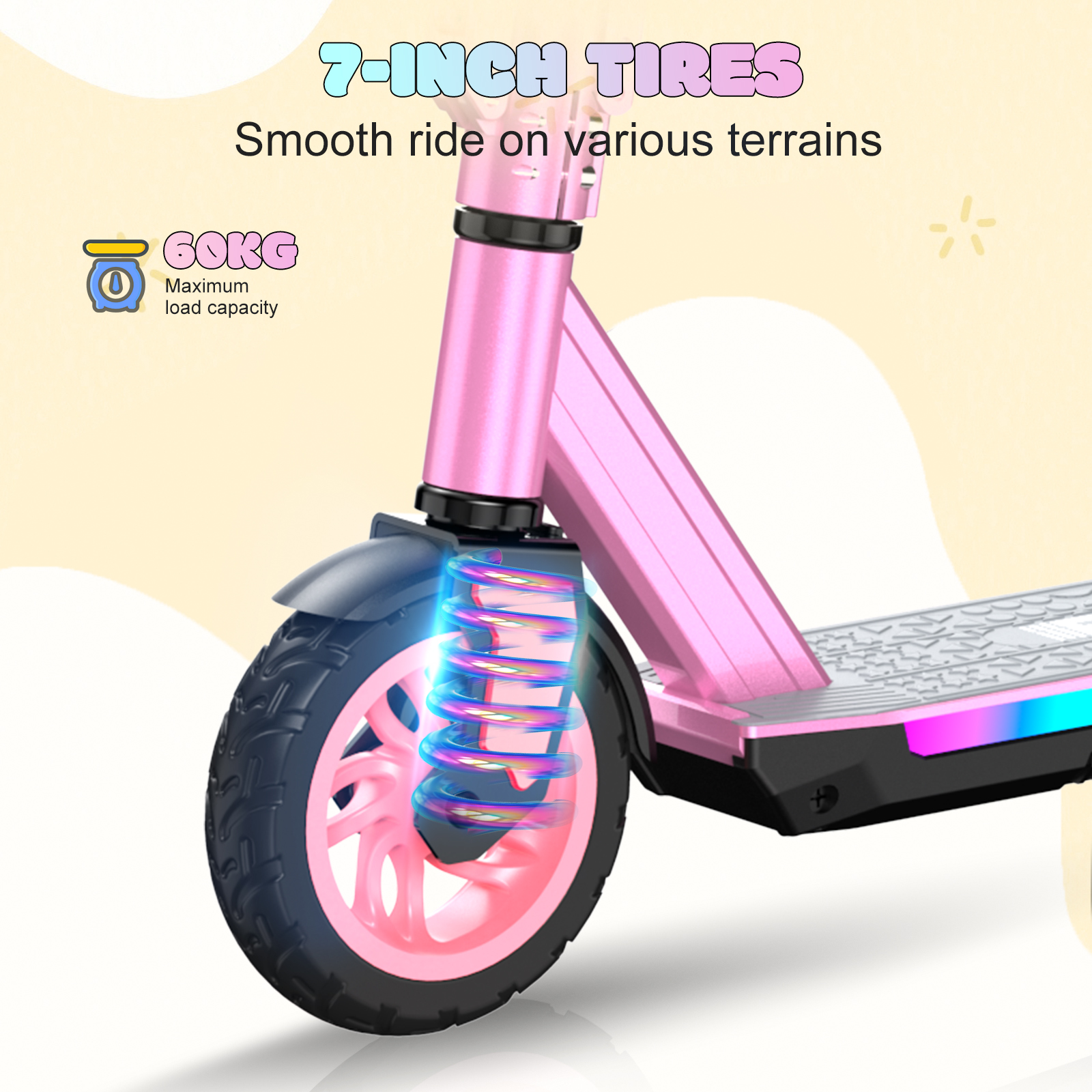 Ein pinker Roller mit 7-Zoll-Reifen, Stoßdämpfern und einer Ladekapazität von 60 kg.