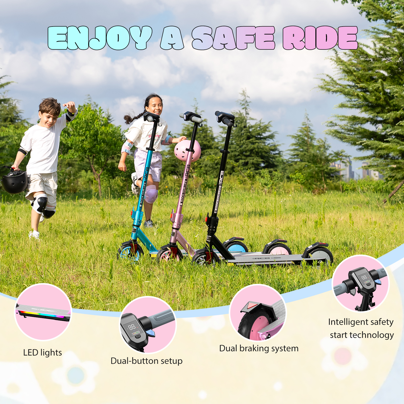 Kinder fahren Roller im Gras, mit Detailaufnahmen von Lichtern, Bremsen und Display.