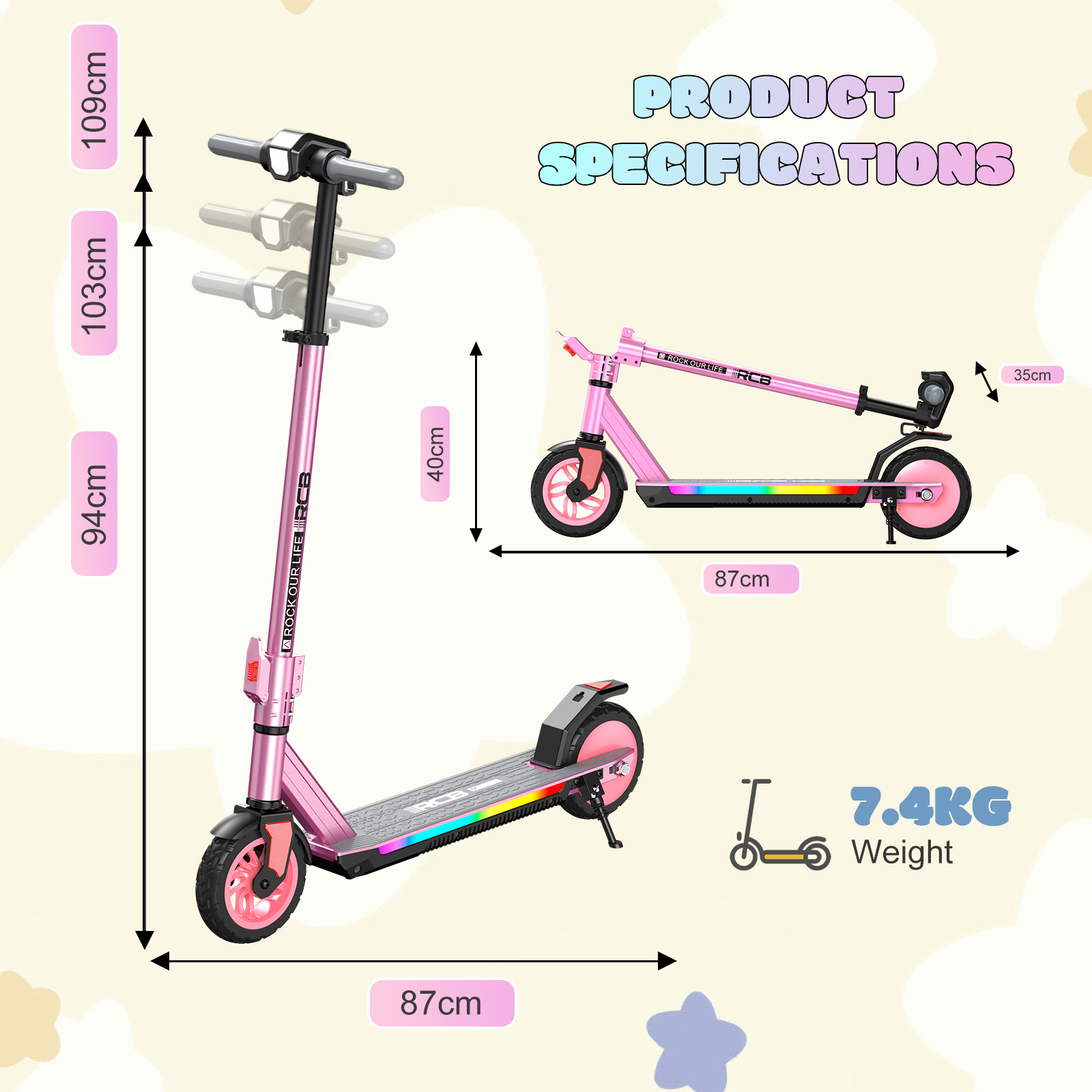 Produkt Spezifikationen mit rosa Elektrorollern und Maßen.
