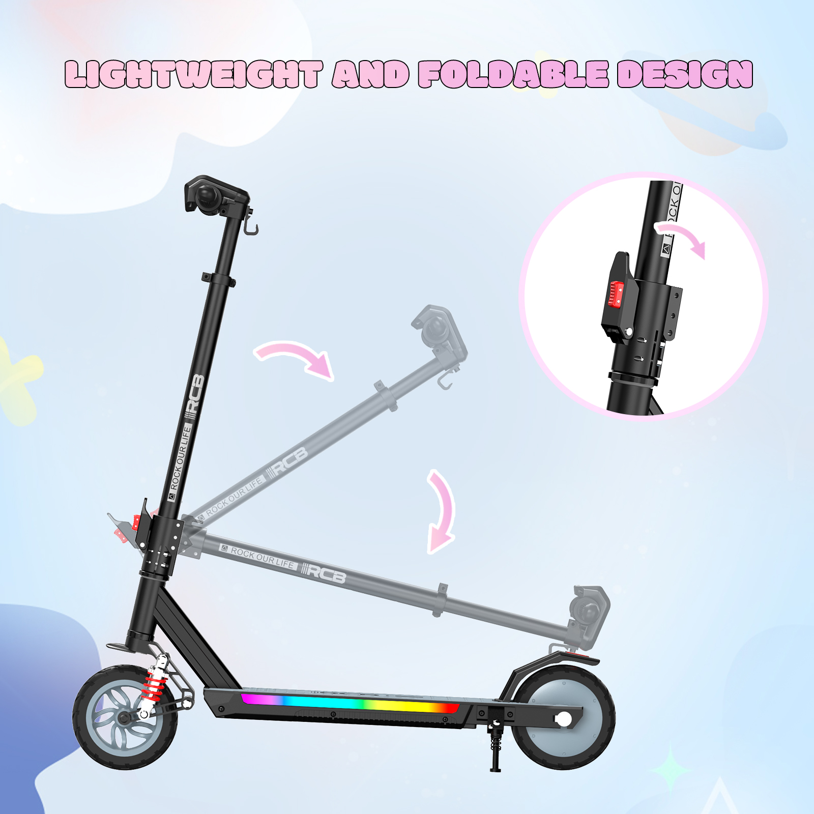 Ein schwarzer Roller mit leuchtender RGB-Beleuchtung, der sich zusammenklappen lässt.