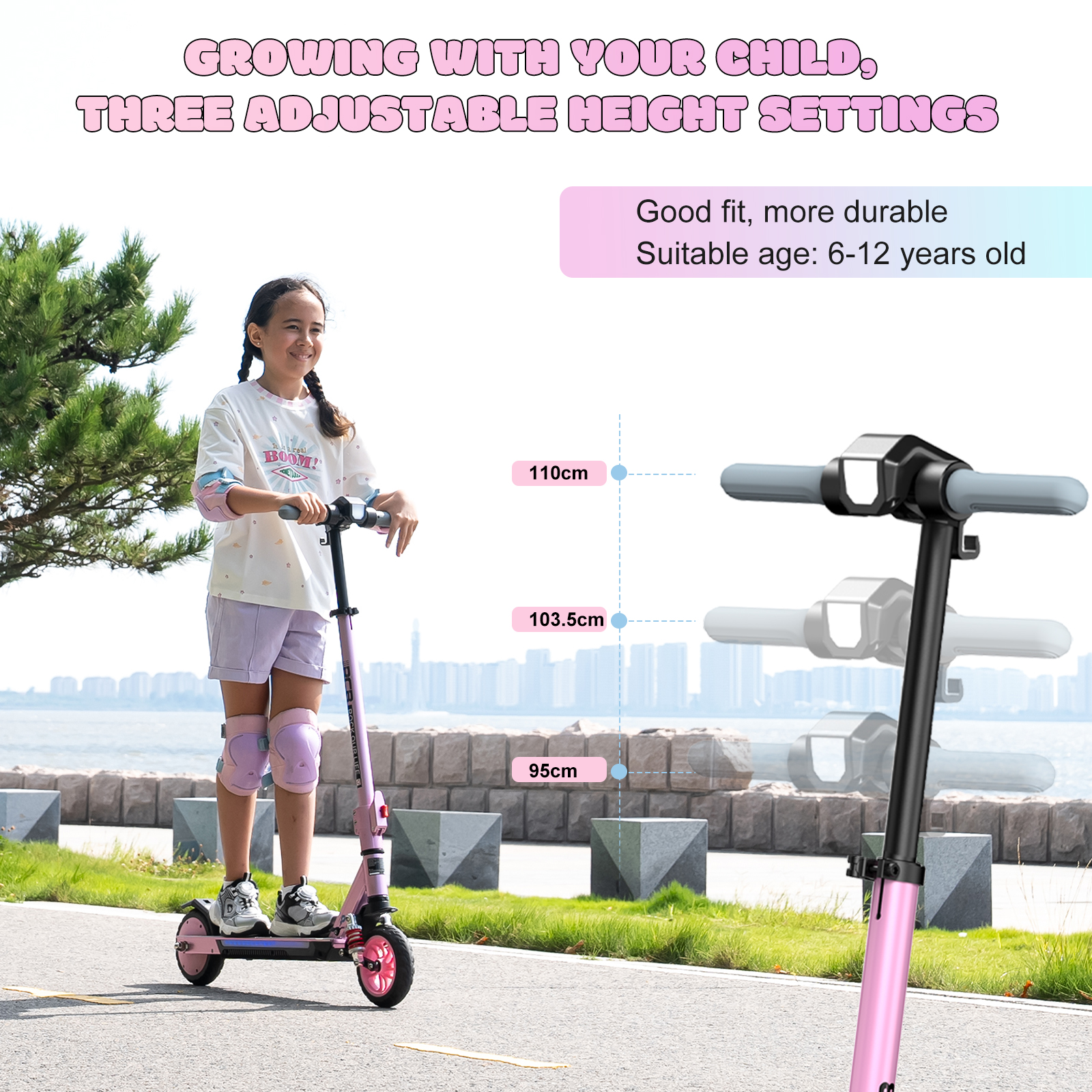 Mädchen auf pinkem Roller mit Schutzausrüstung, verstellbare Höhe.