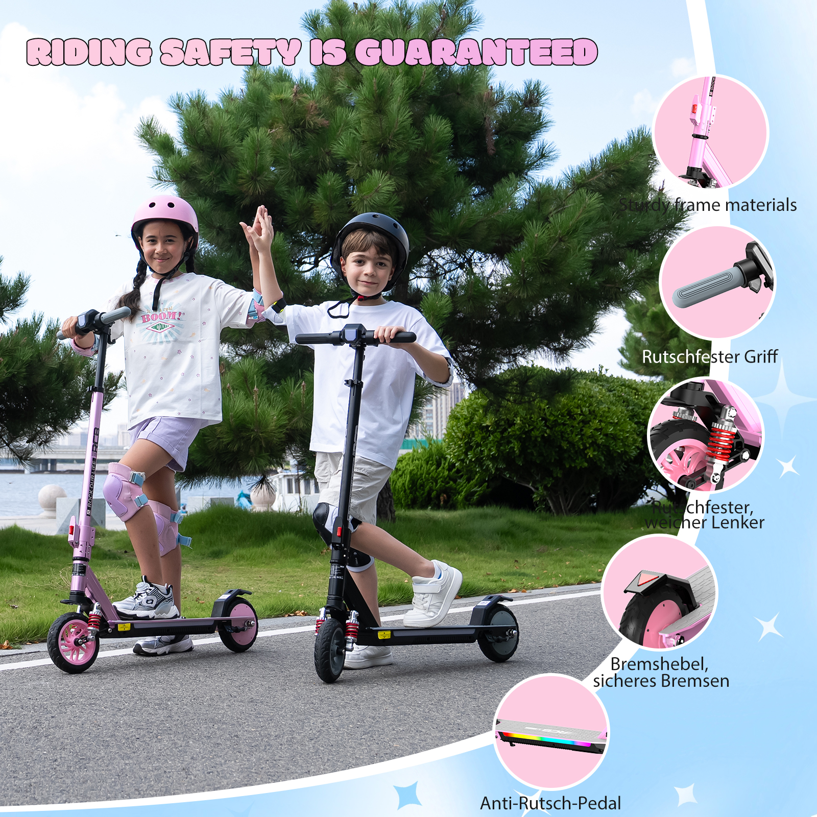 Zwei Kinder auf Elektrorollern, eines in Pink, das andere Schwarz, mit Sicherheitsausrüstung.