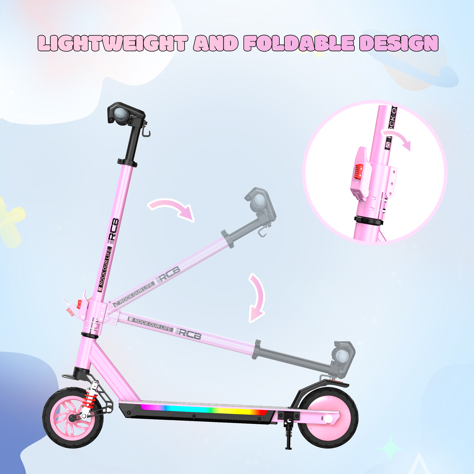 Rosa Roller mit LED-Beleuchtung, der leicht und faltbar ist.