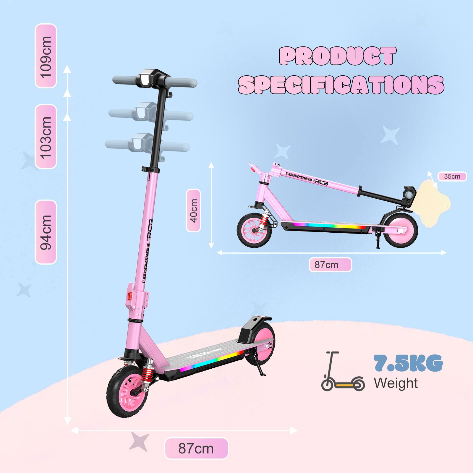 Rosa Roller mit Spezifikationen: 109cm, 103cm, 94cm, 40cm, 87cm, 7,5kg.
