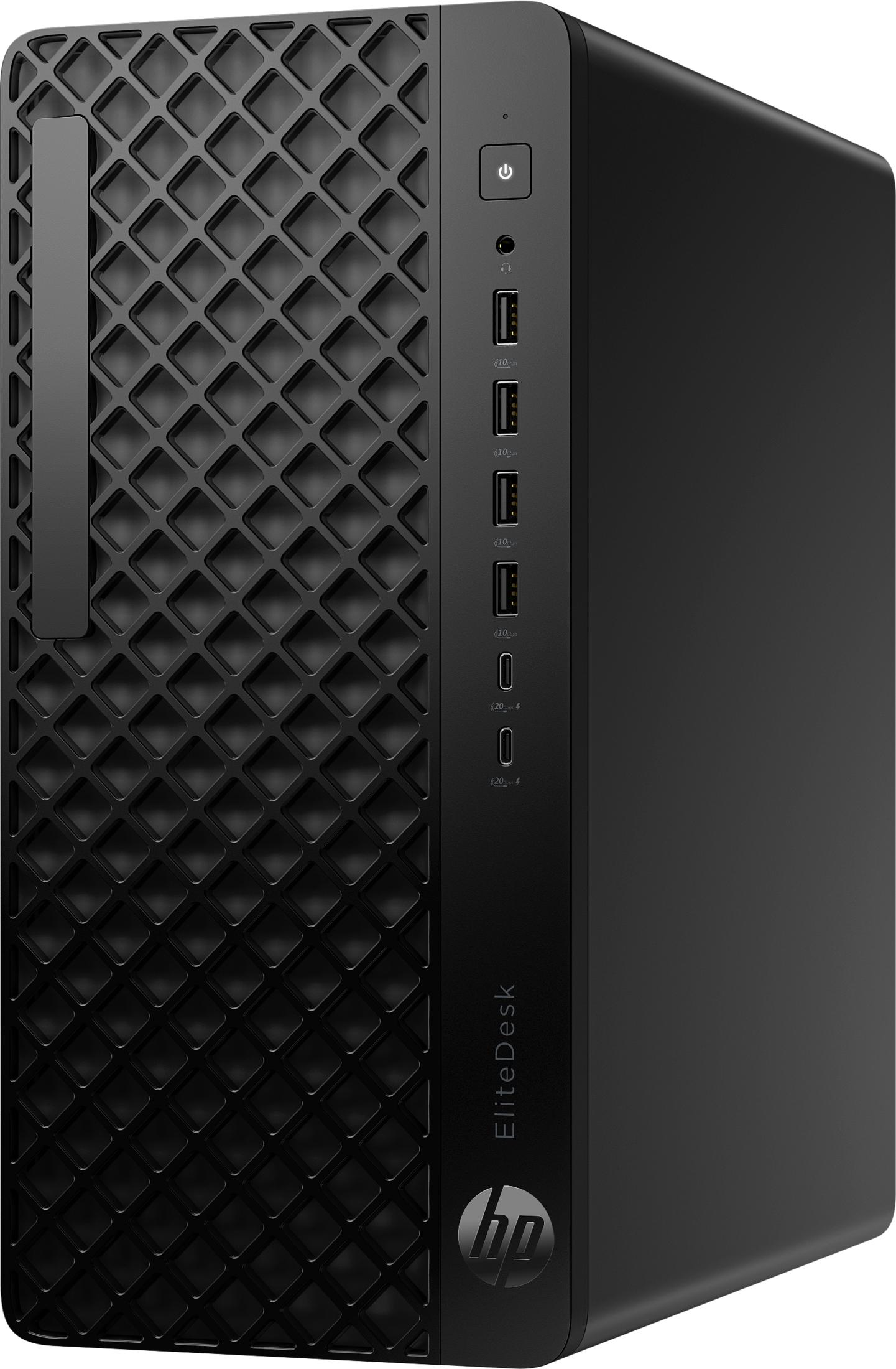 PC HP EliteDesk nero con pulsante di accensione argentato e porte USB.