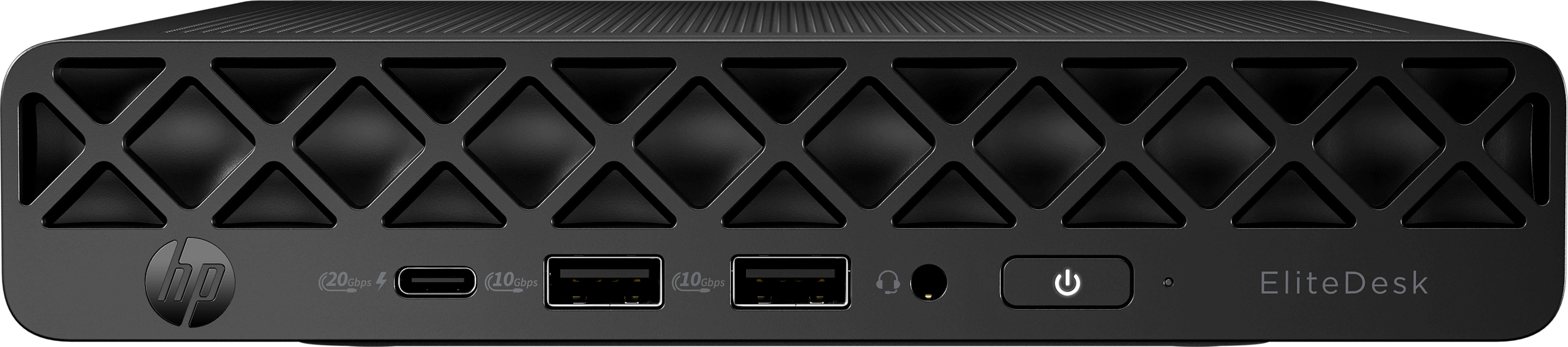 Schwarzer HP EliteDesk Mini-PC mit Lüftungsgitter, USB-Ports, Kopfhöreranschluss und Power-Button.