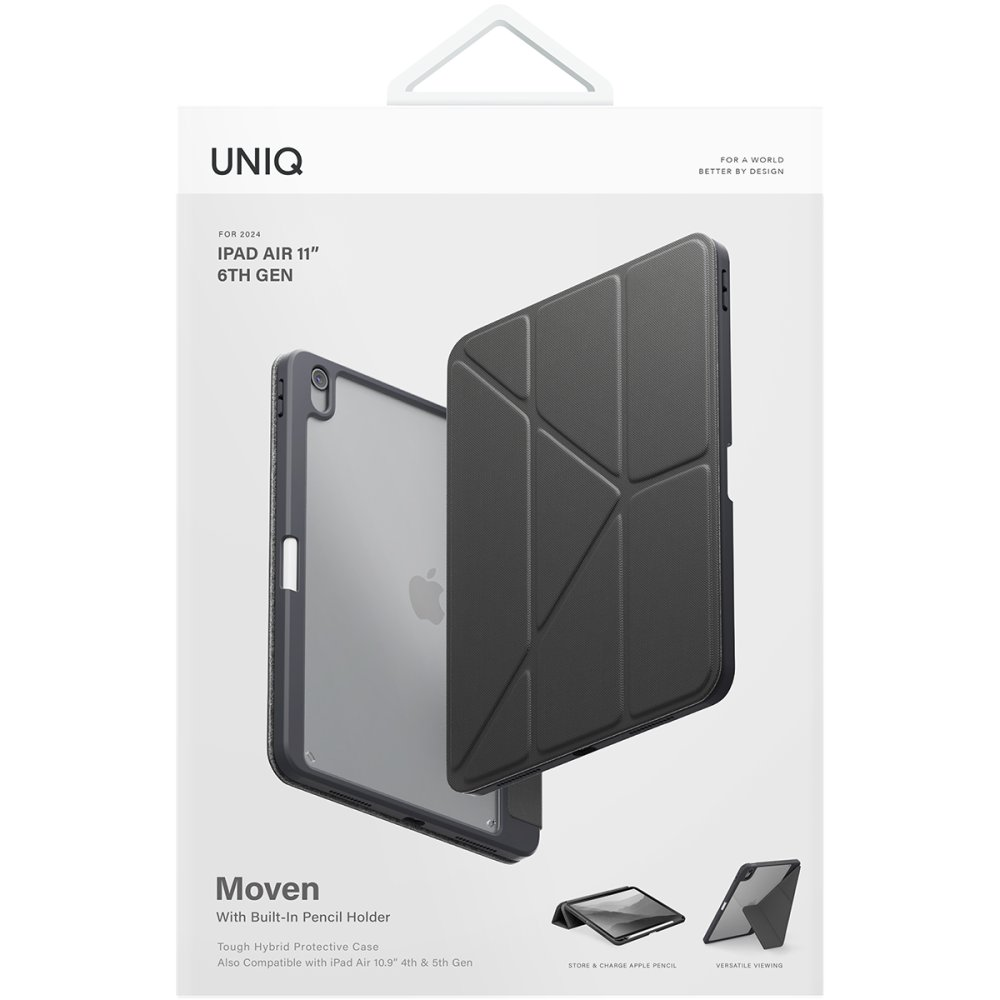 Kurşun kalem tutuculu gri UNIQ iPad Air 11" 6. nesil kılıfı.