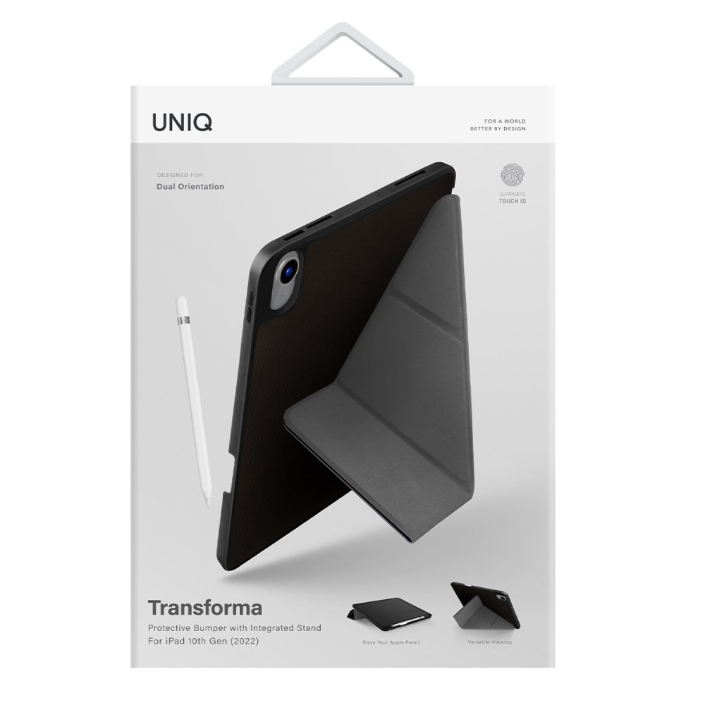 Apple Pencil ve stantlı siyah iPad kılıfı. "Transforma" ve "UNIQ" logoları.