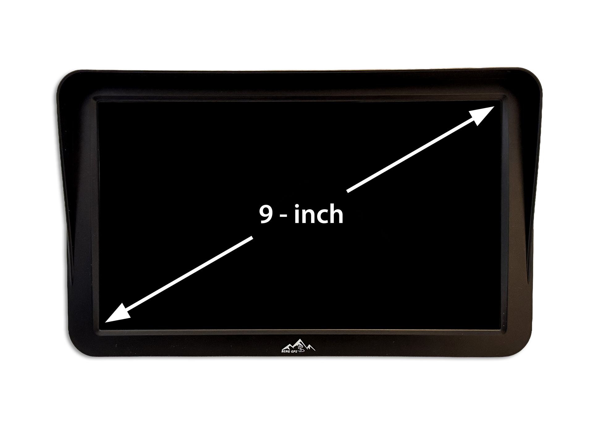 A black 9-inch screen with a mountain logo at the bottom.
