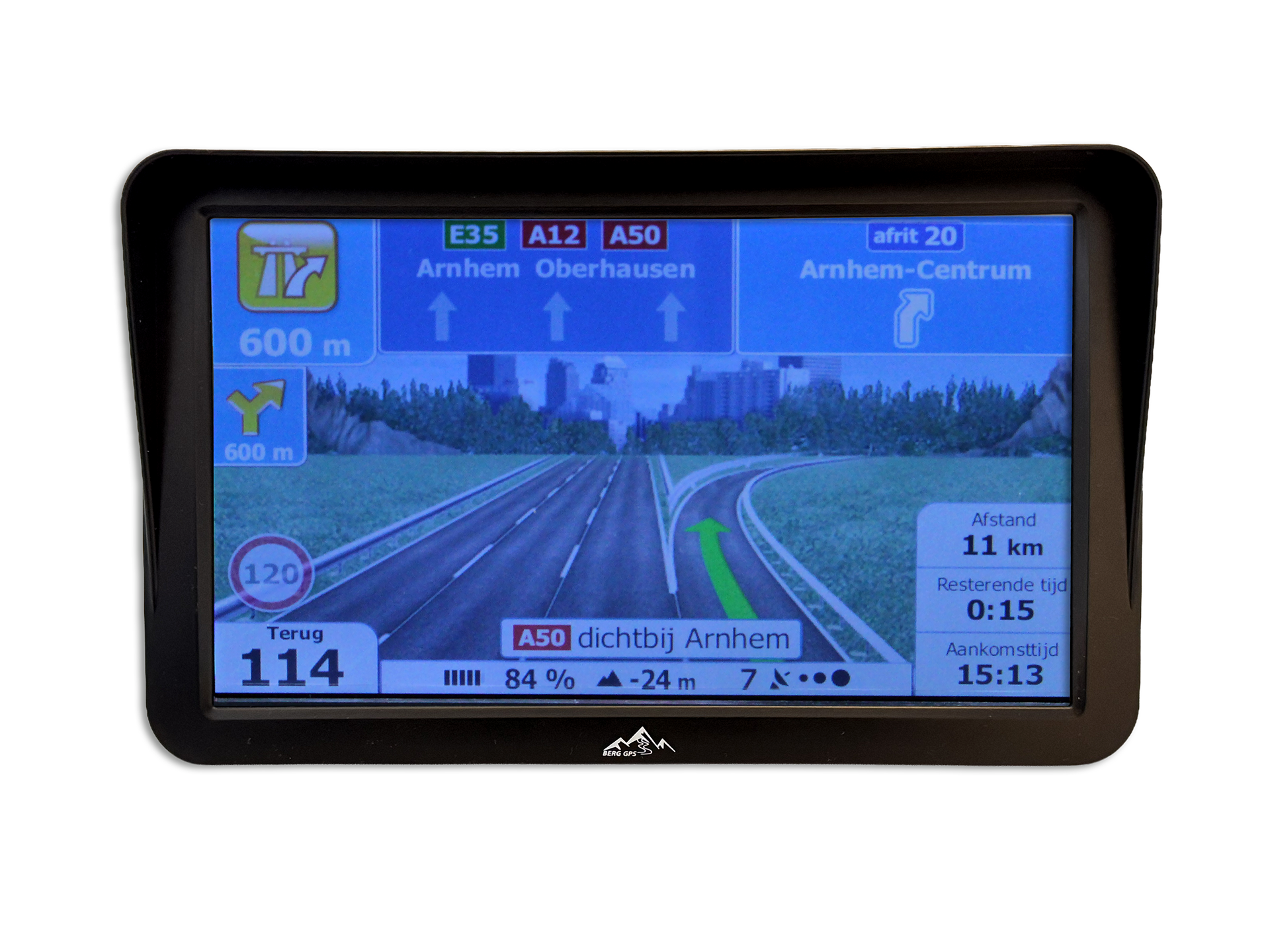GPS shows highway with exit Arnhem-Centrum, 11 km to destination.