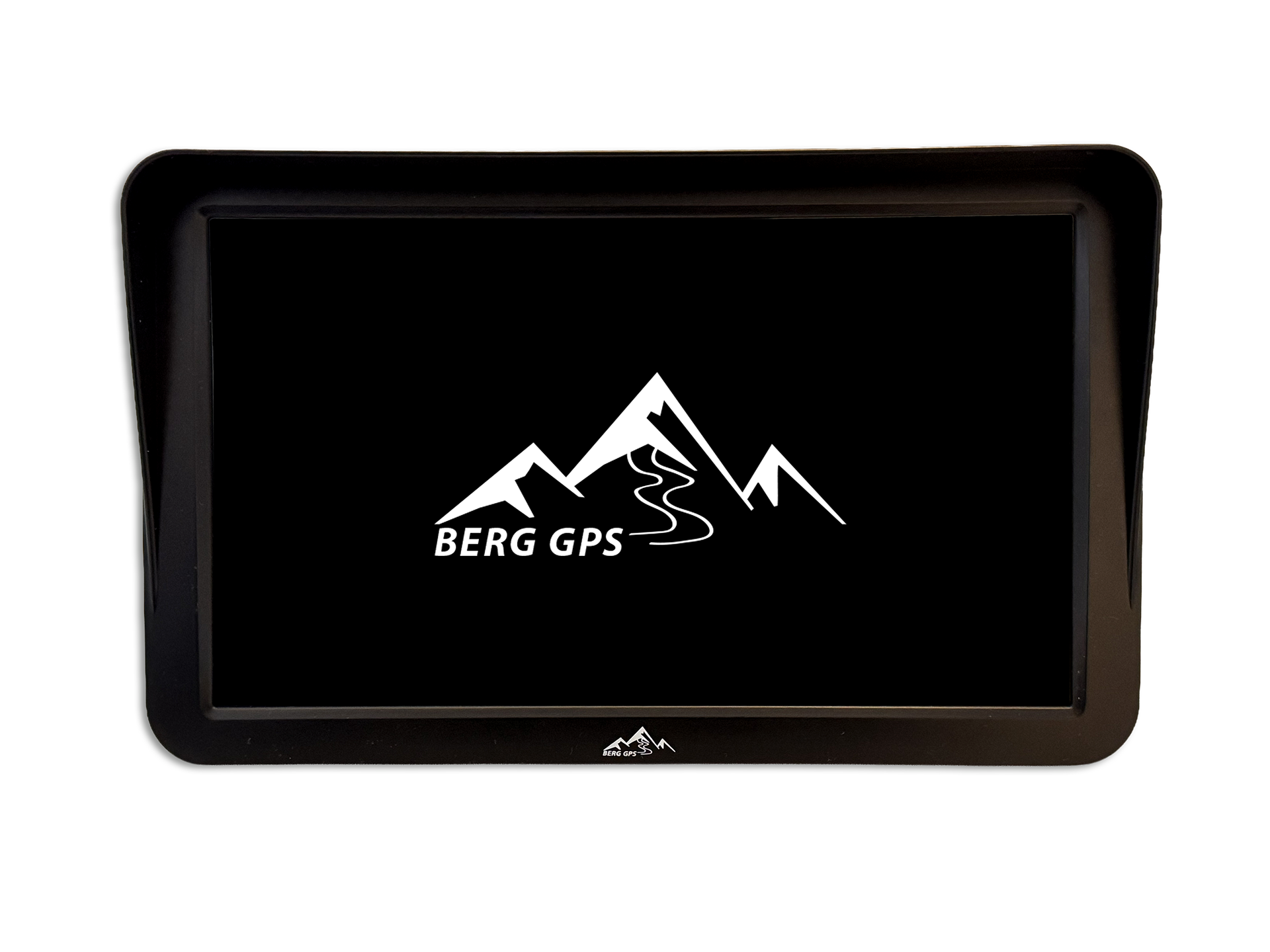 A black GPS screen with a white mountain and road logo and text.