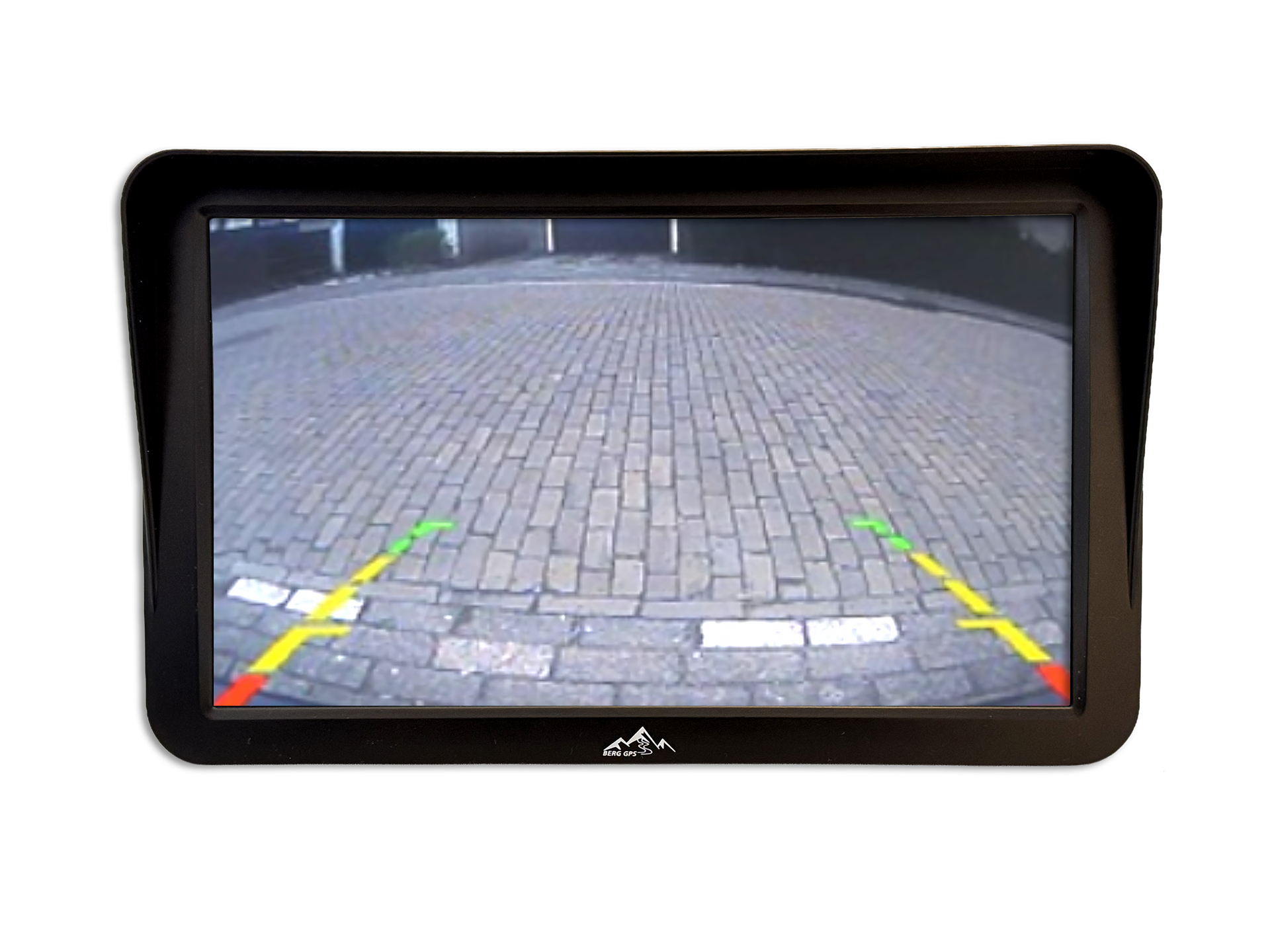 Backup camera view of a paved path with parking guide lines.