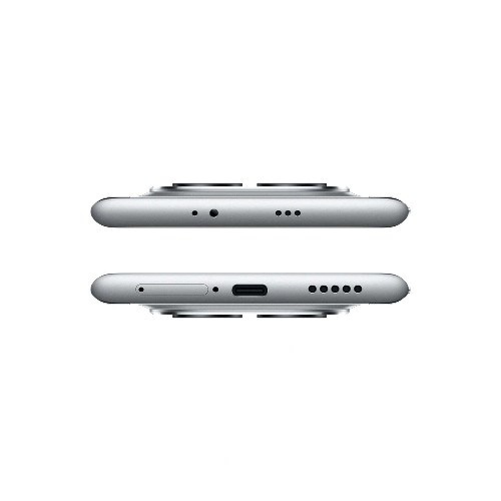 Góra i dół srebrnego smartfona z portem ładowania i otworami głośników.