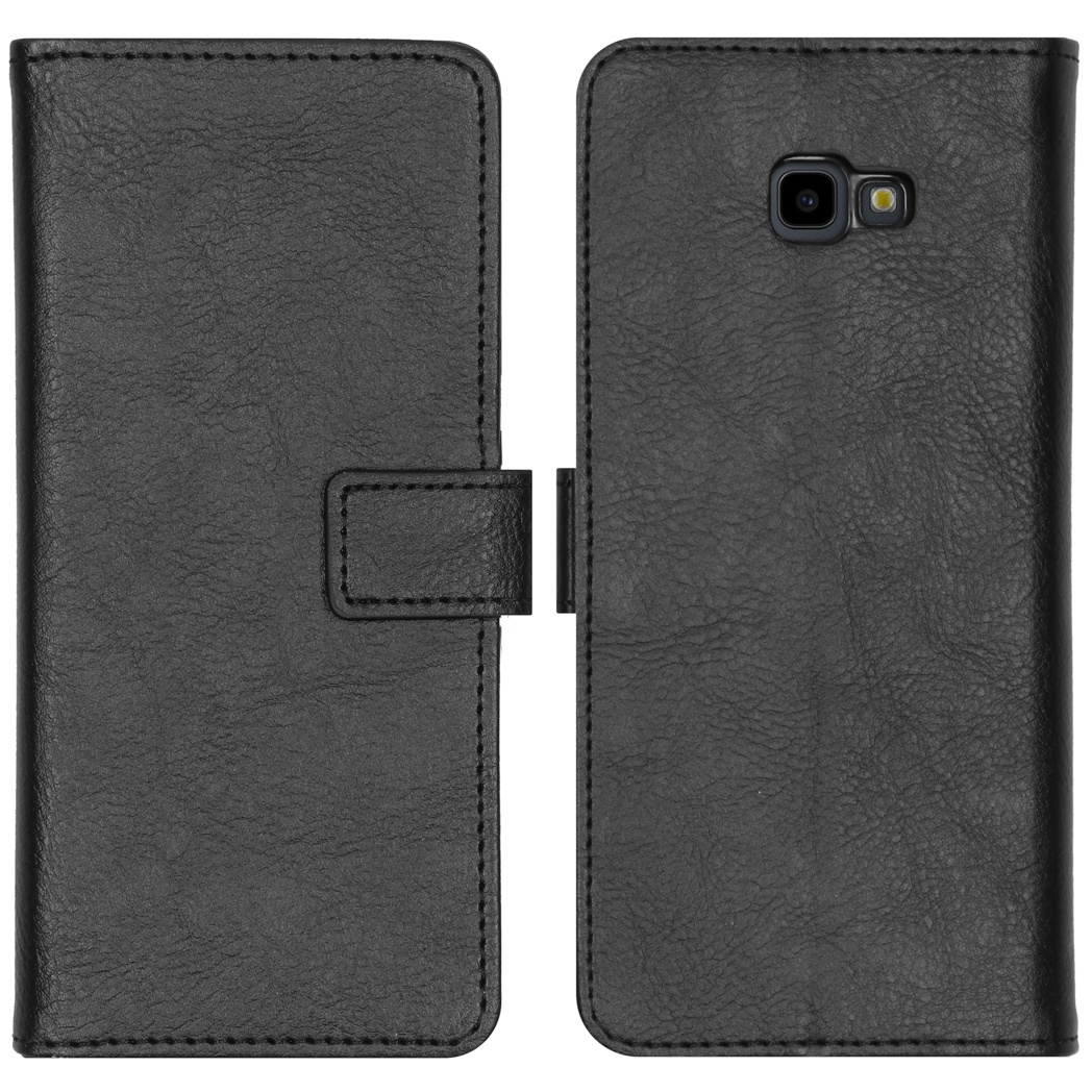 Étui de téléphone à rabat en cuir noir avec ouverture caméra.