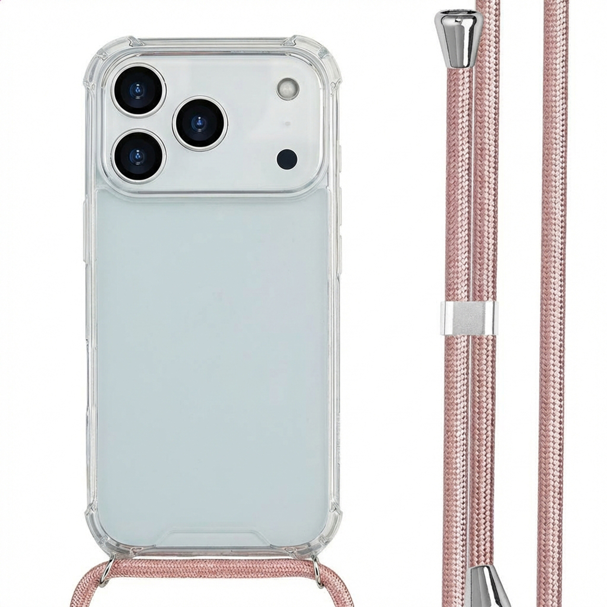 Coque de téléphone transparente avec triple appareil photo et cordon rose.
