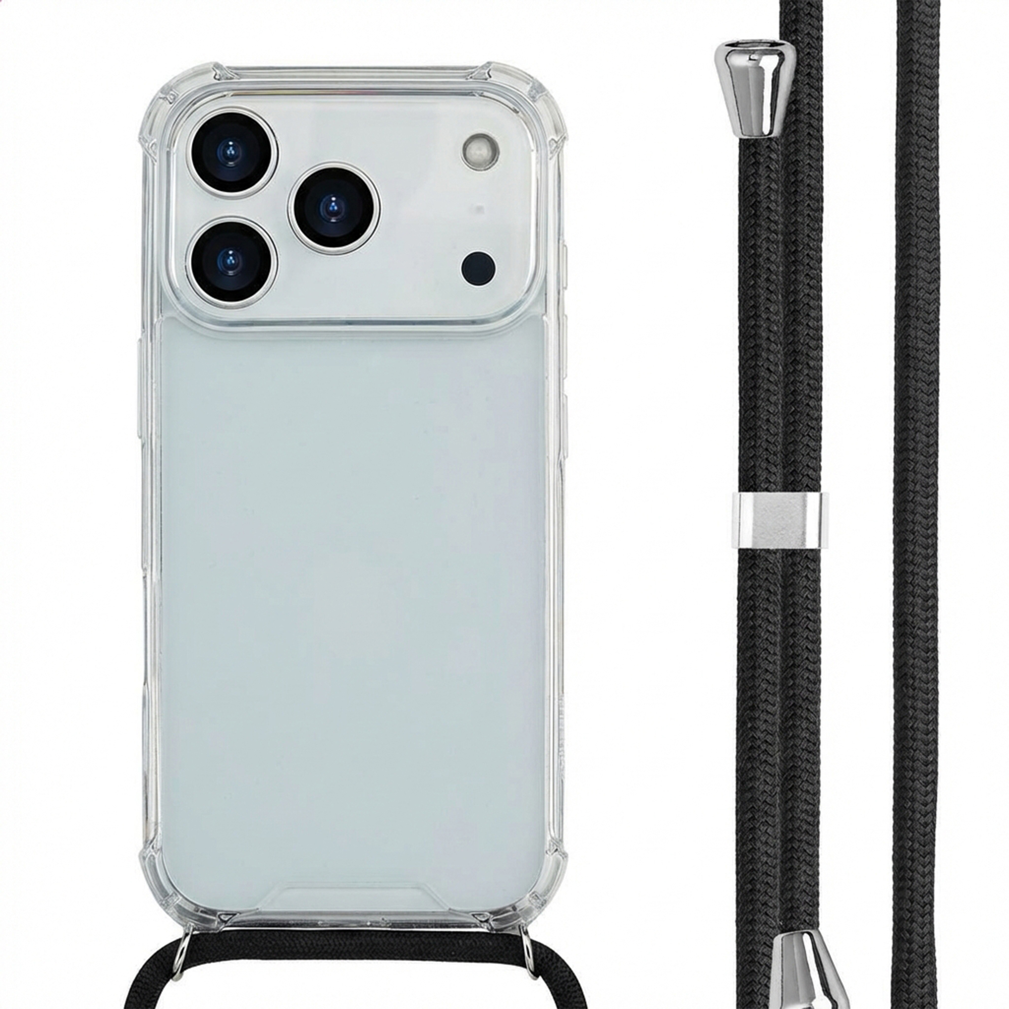 Coque transparente avec trois caméras et cordon noir.