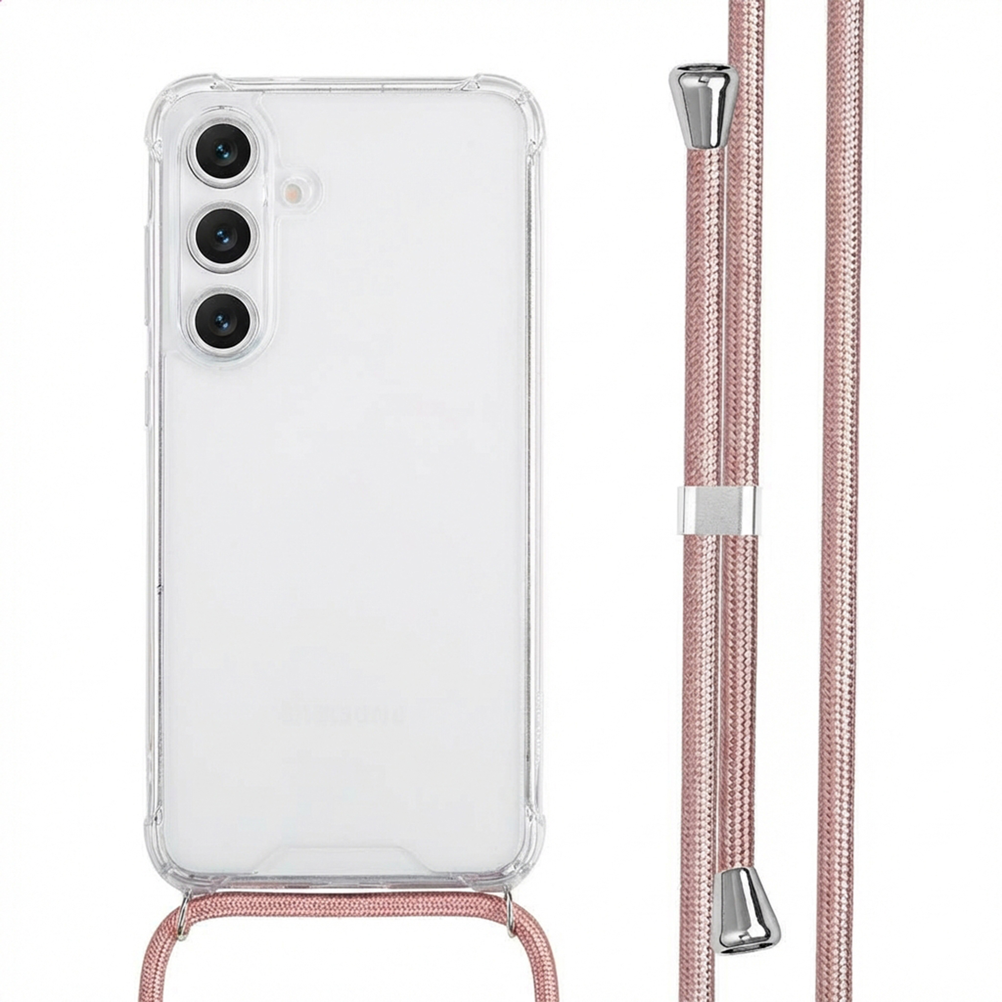 Coque de téléphone transparente avec trois caméras et cordon rose.
