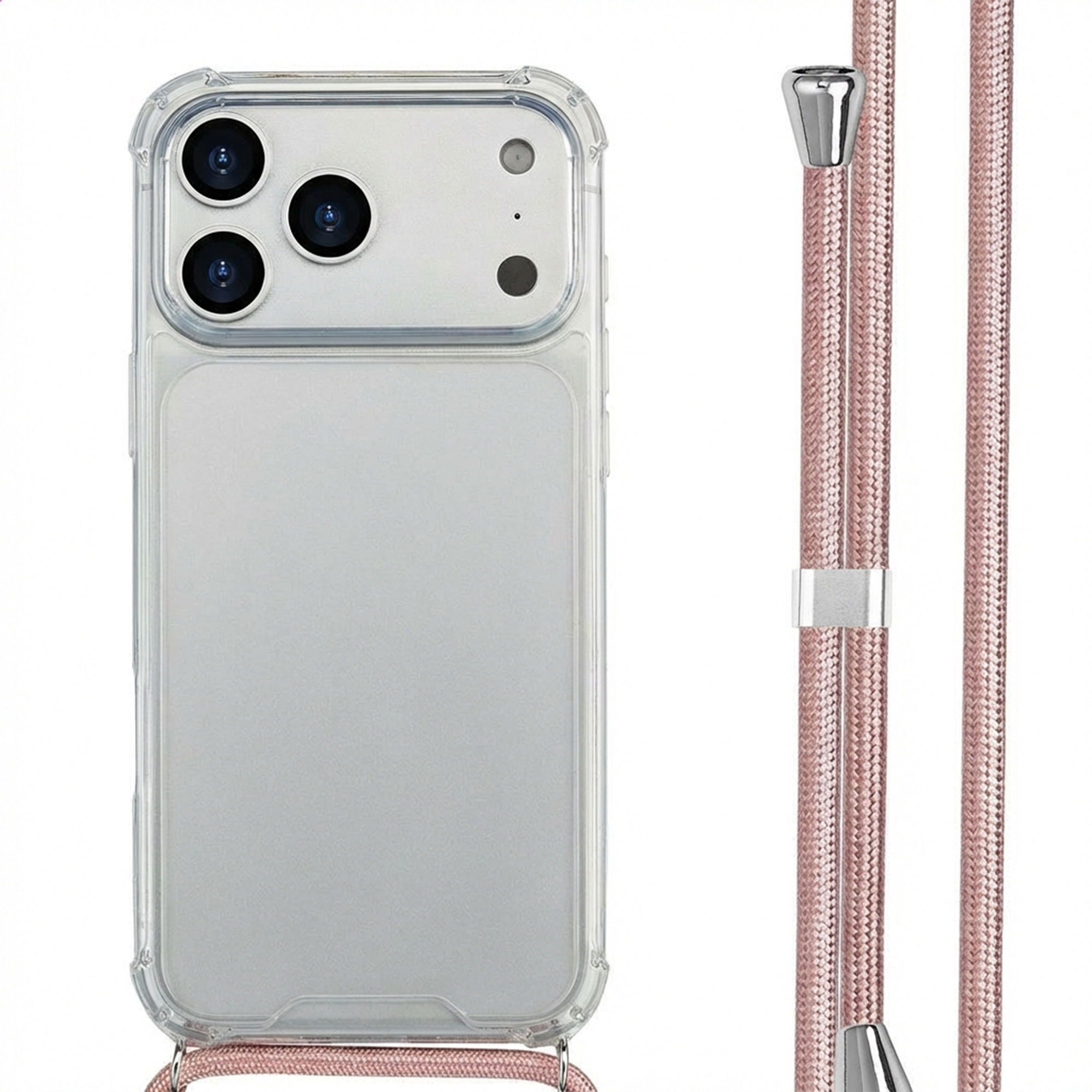 Transparante telefoonhoes met drievoudige camera en roze band.