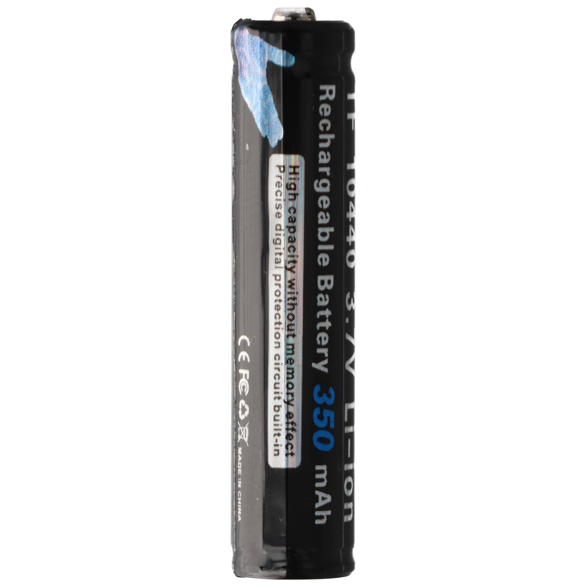 Zwarte 3.7V Li-ion oplaadbare batterij, 350 mAh, met tekst.