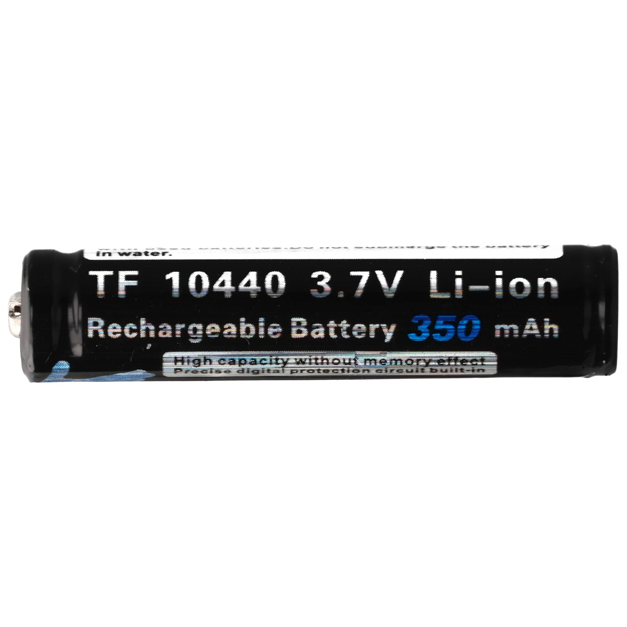 Zwarte TF 10440 3,7V Li-ion batterij, 350 mAh, met tekst.